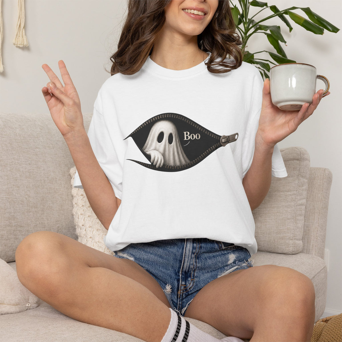 Ghost Peek T-Shirt — "Boo" Zipper Graphic Halloween Tee