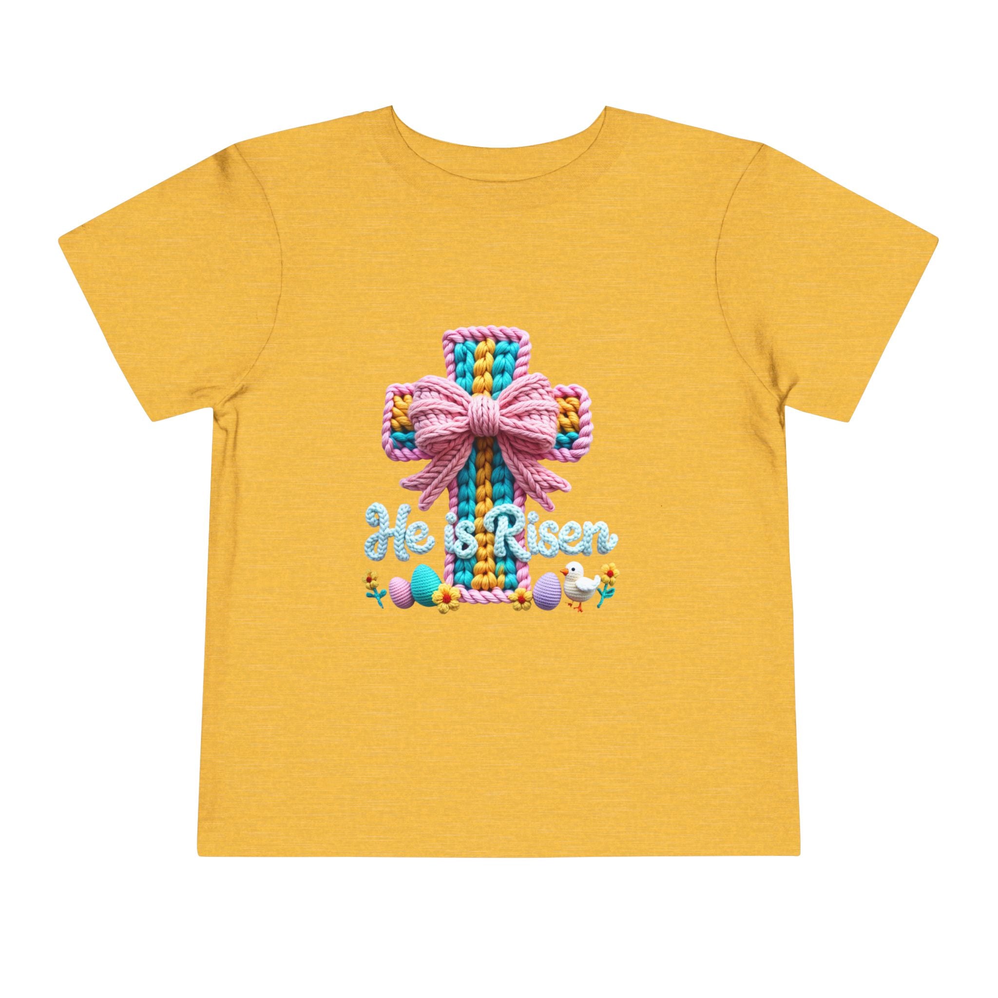 Easter Cross Toddler Tee — Colorful Knit Cross with "He is Risen" & Easter Eggs
