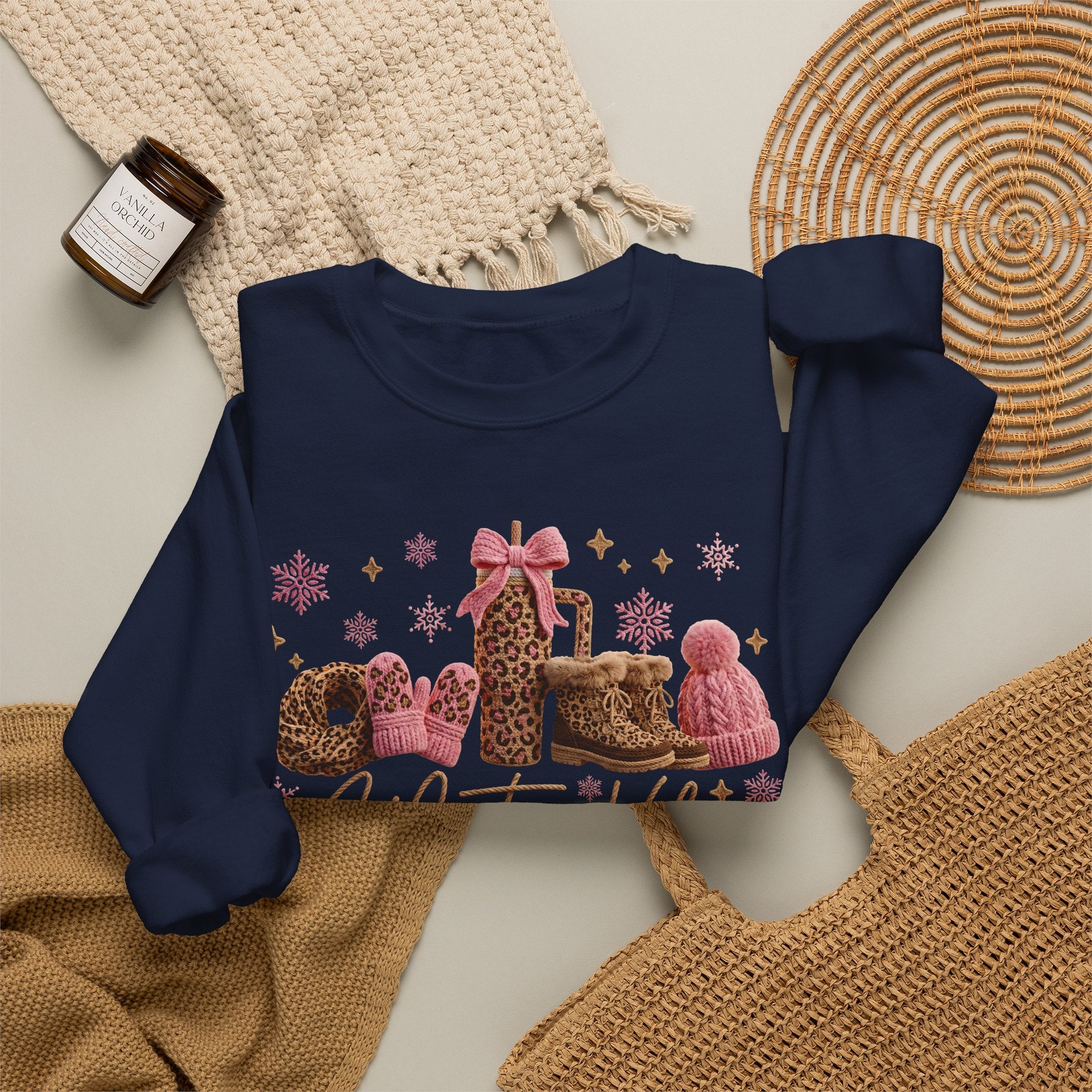 Crewneck Sweatshirt — 'Winter Vibes' Cozy Leopard Print Holiday Design