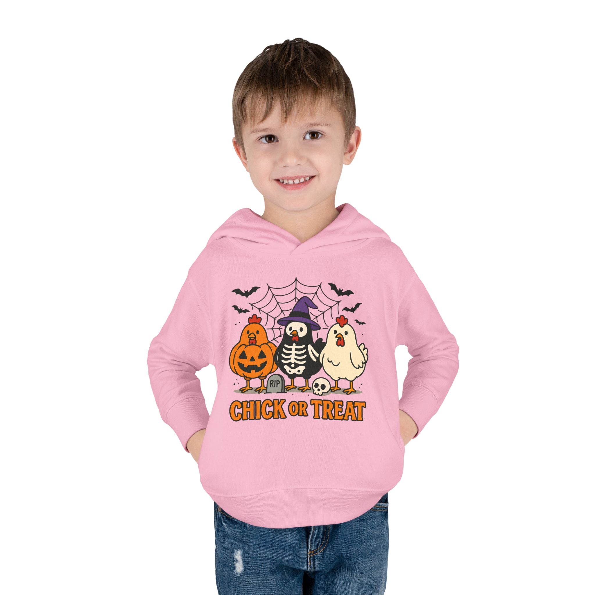 Toddler Halloween Pullover Hoodie – "Chick or Treat" Pumpkin Skeleton Chicken Kids Fleece