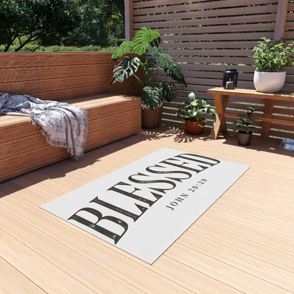 Blessed Outdoor Rug — "BLESSED" with John 20:29 Doormat