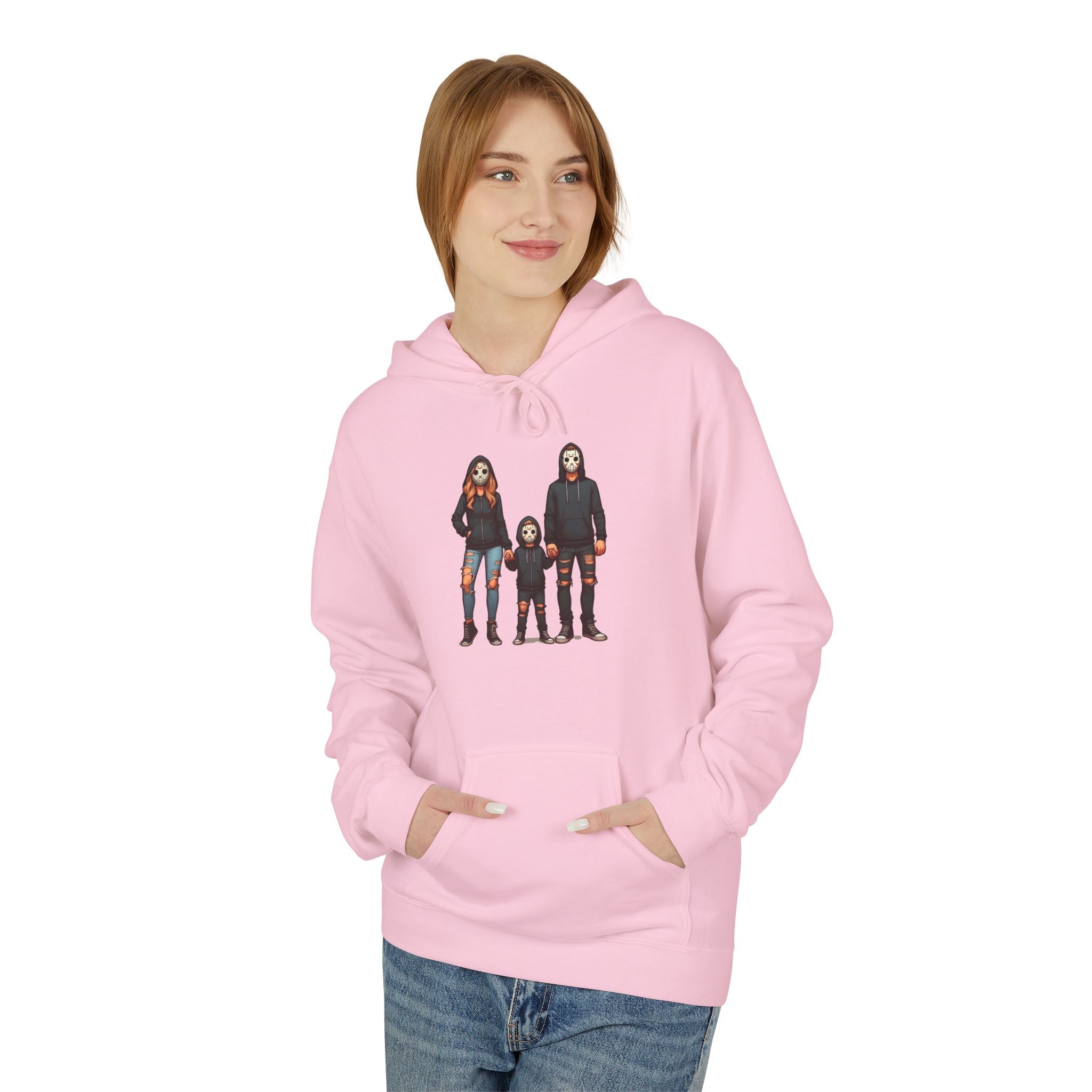 Horror Trio Graphic Hoodie — Creepy Doll & Twins Illustration