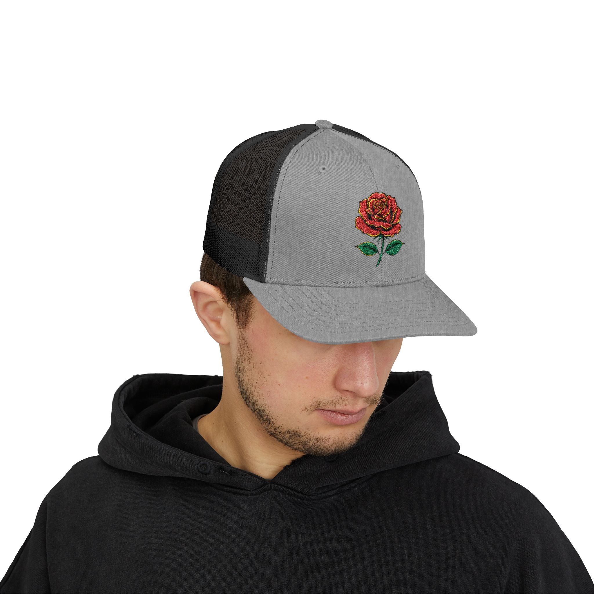 Embroidered Red Rose Trucker Cap