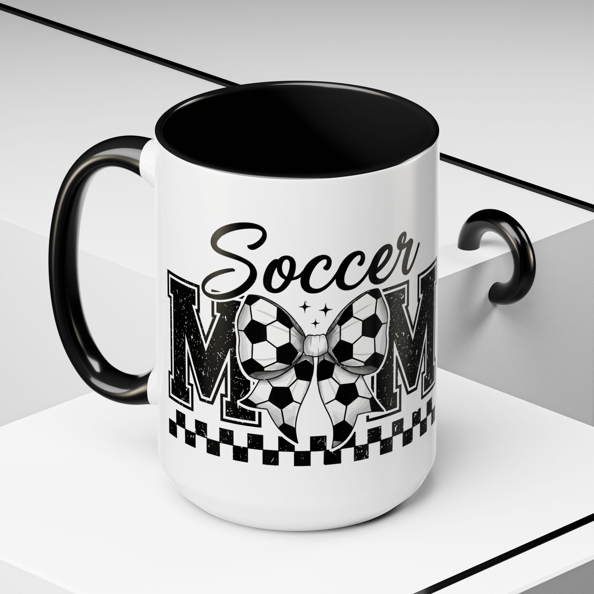 Soccer Mom Accent Coffee Mug — Black Interior & Handle, Soccer Ball Graphic