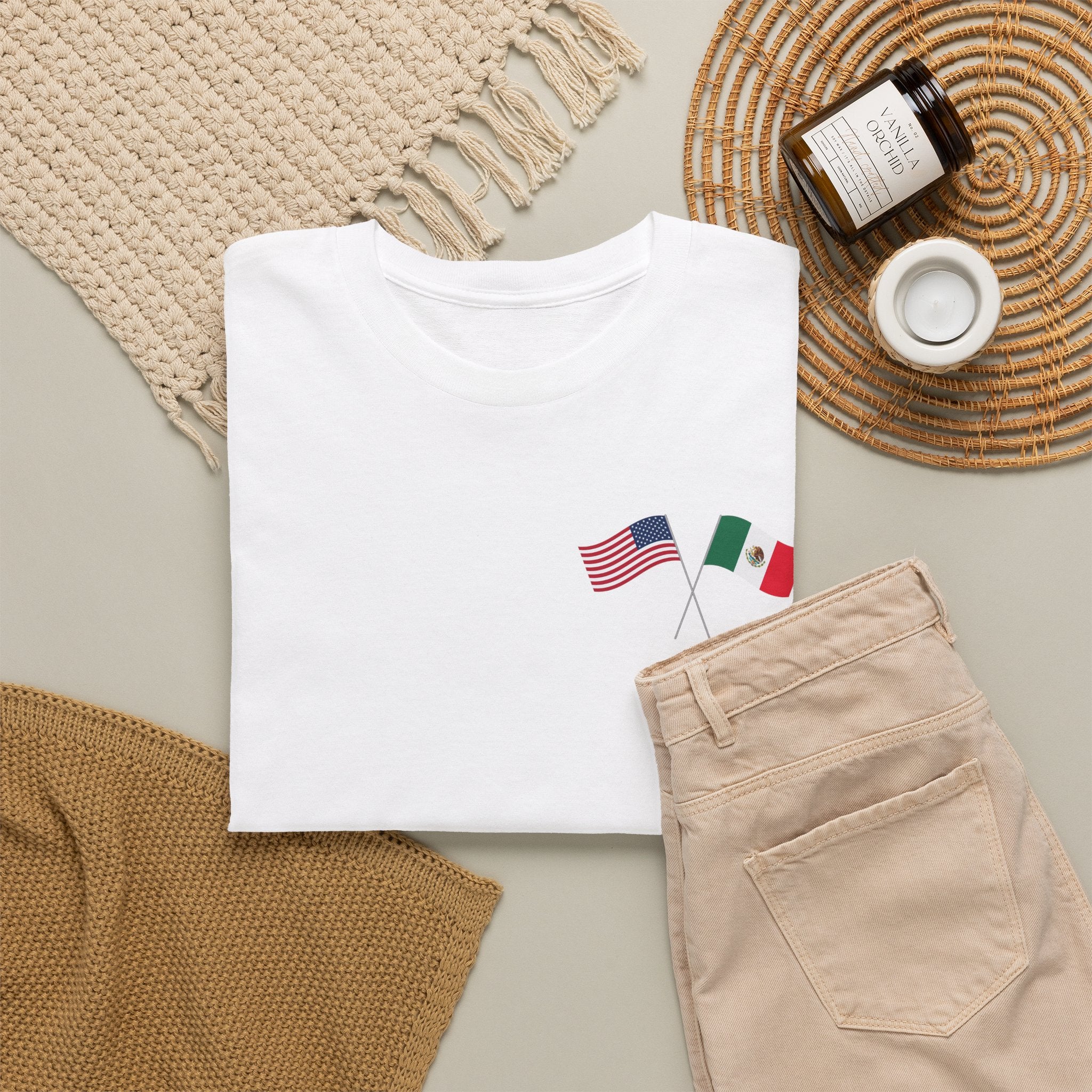 American & Italian Flag Tee with Vintage Rose Back — Patriotic Floral T-Shirt