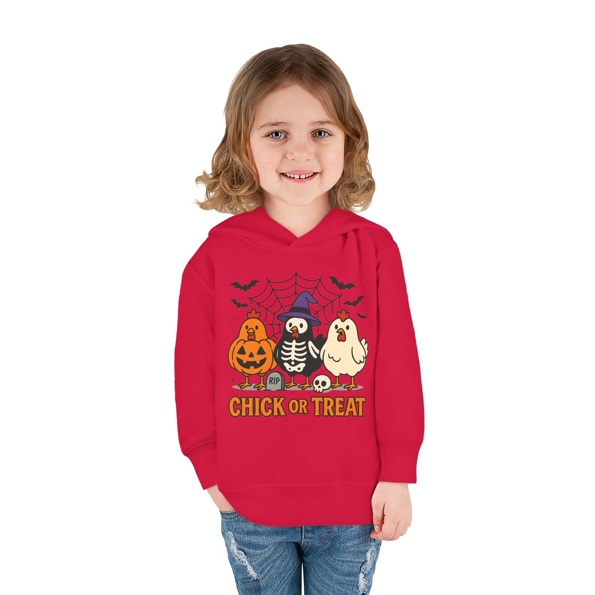 Toddler Halloween Pullover Hoodie – "Chick or Treat" Pumpkin Skeleton Chicken Kids Fleece
