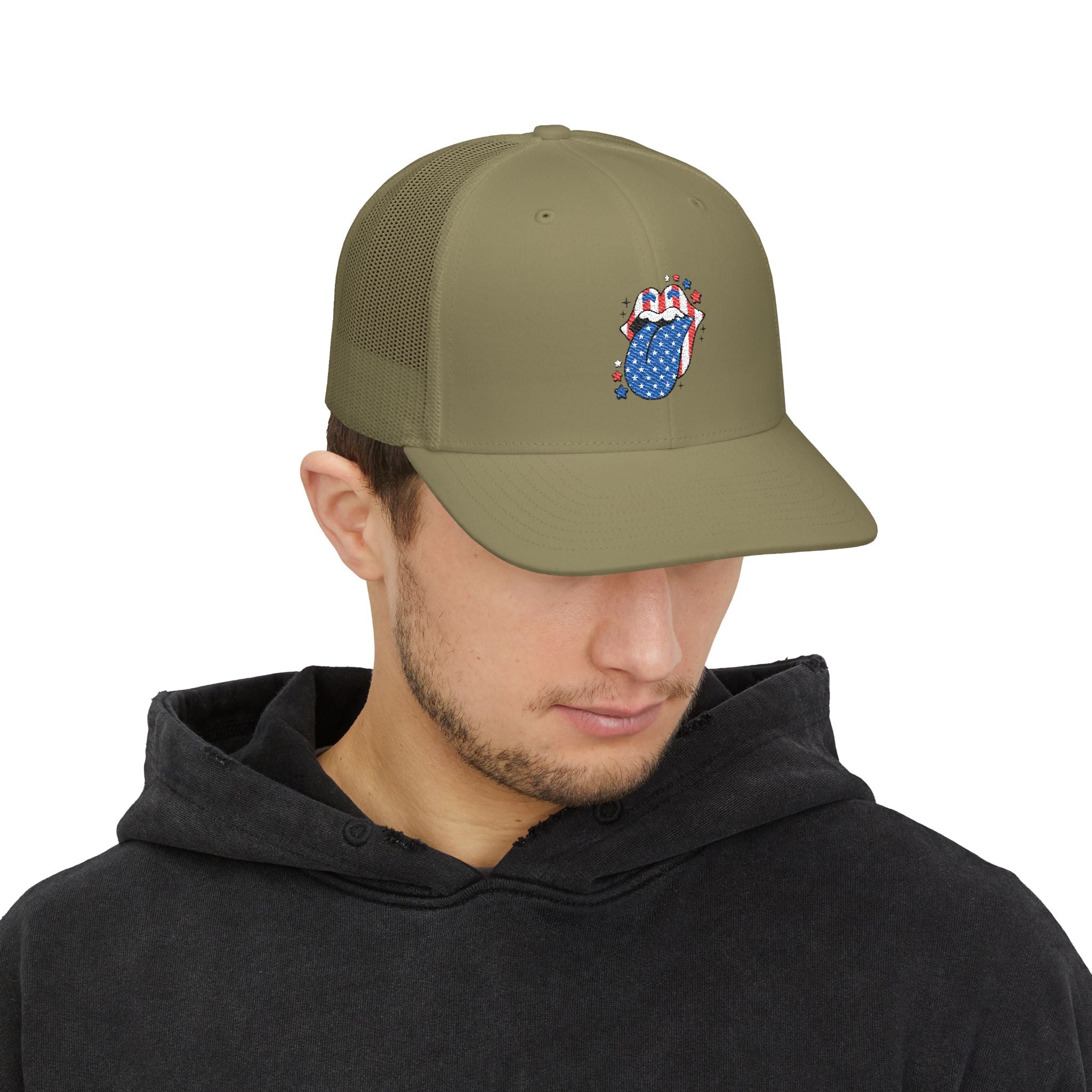 Patriotic Tongue Trucker Cap — American Flag Mouth Snapback