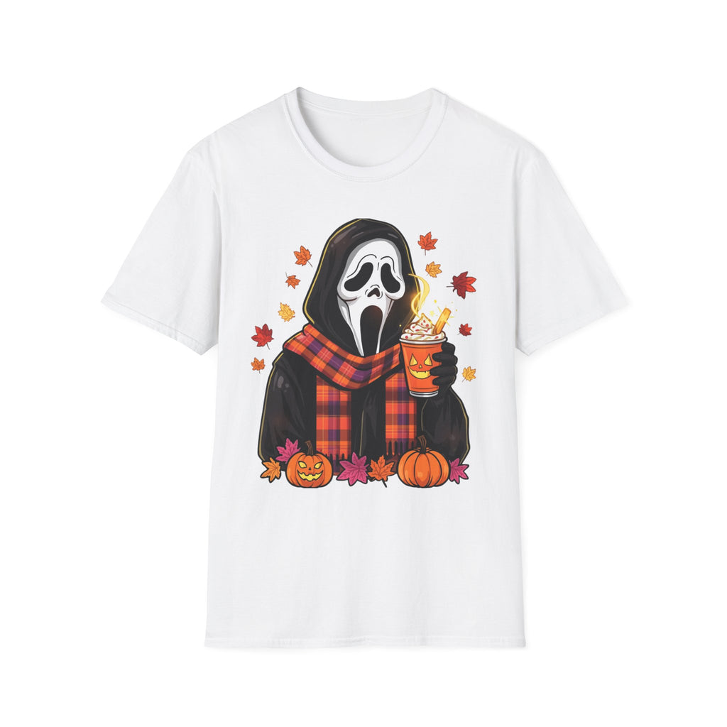 Halloween Scream Mask T‑Shirt — Cozy Fall Pumpkin & Hot Cocoa Graphic Tee