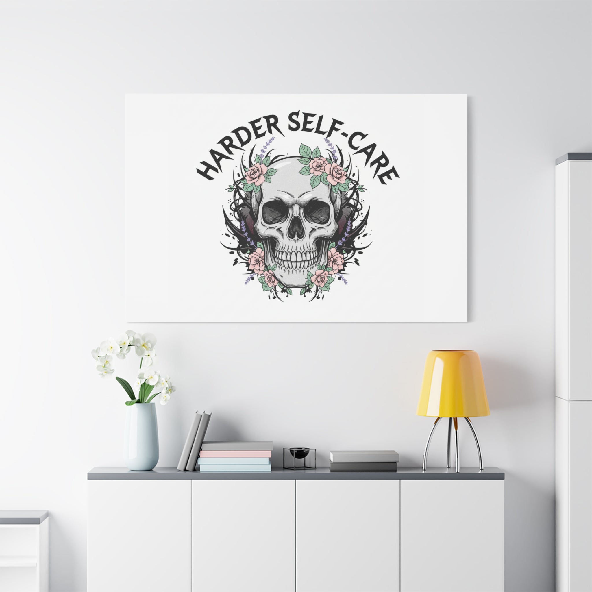 Harder Self-Care Skull Canvas | Heavy Metal Wellness, gothic wellness quote