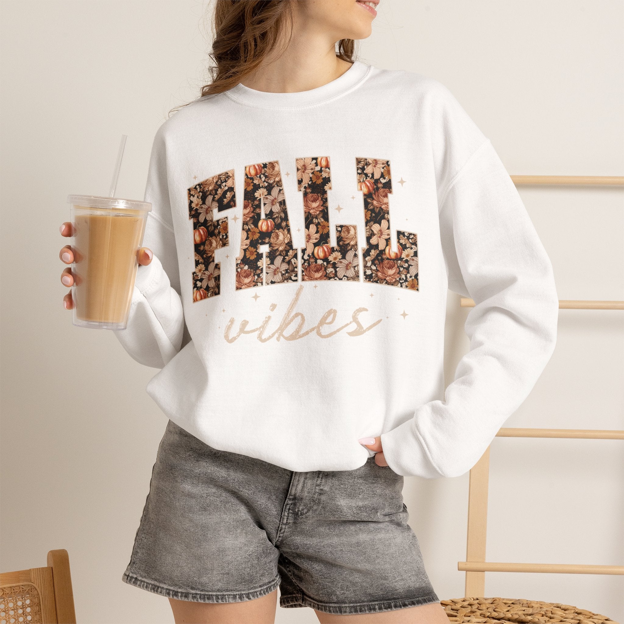Fall Vibes Crewneck Sweatshirt — Floral Lettering Autumn Pullover
