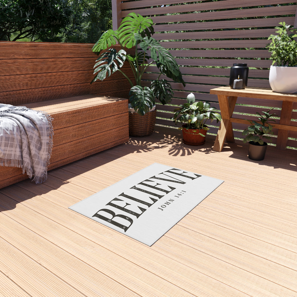 Believe Outdoor Rug — "Believe" John 14:1 Scripture Doormat
