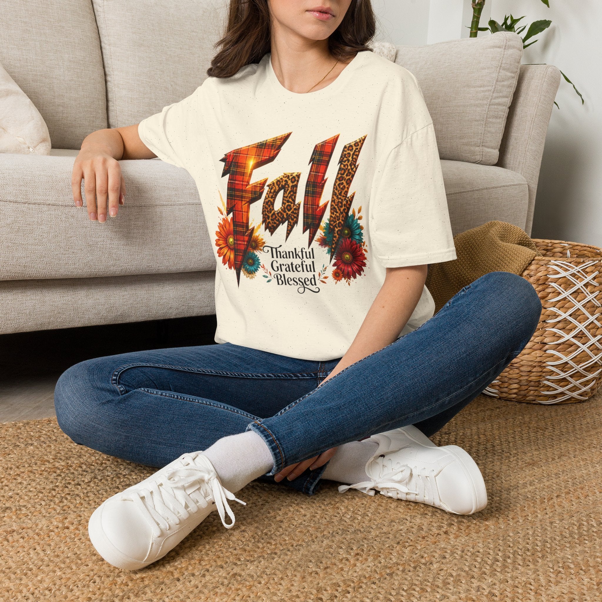 Fall Floral Plaid T-Shirt — "Thankful Grateful Blessed" Autumn Tee