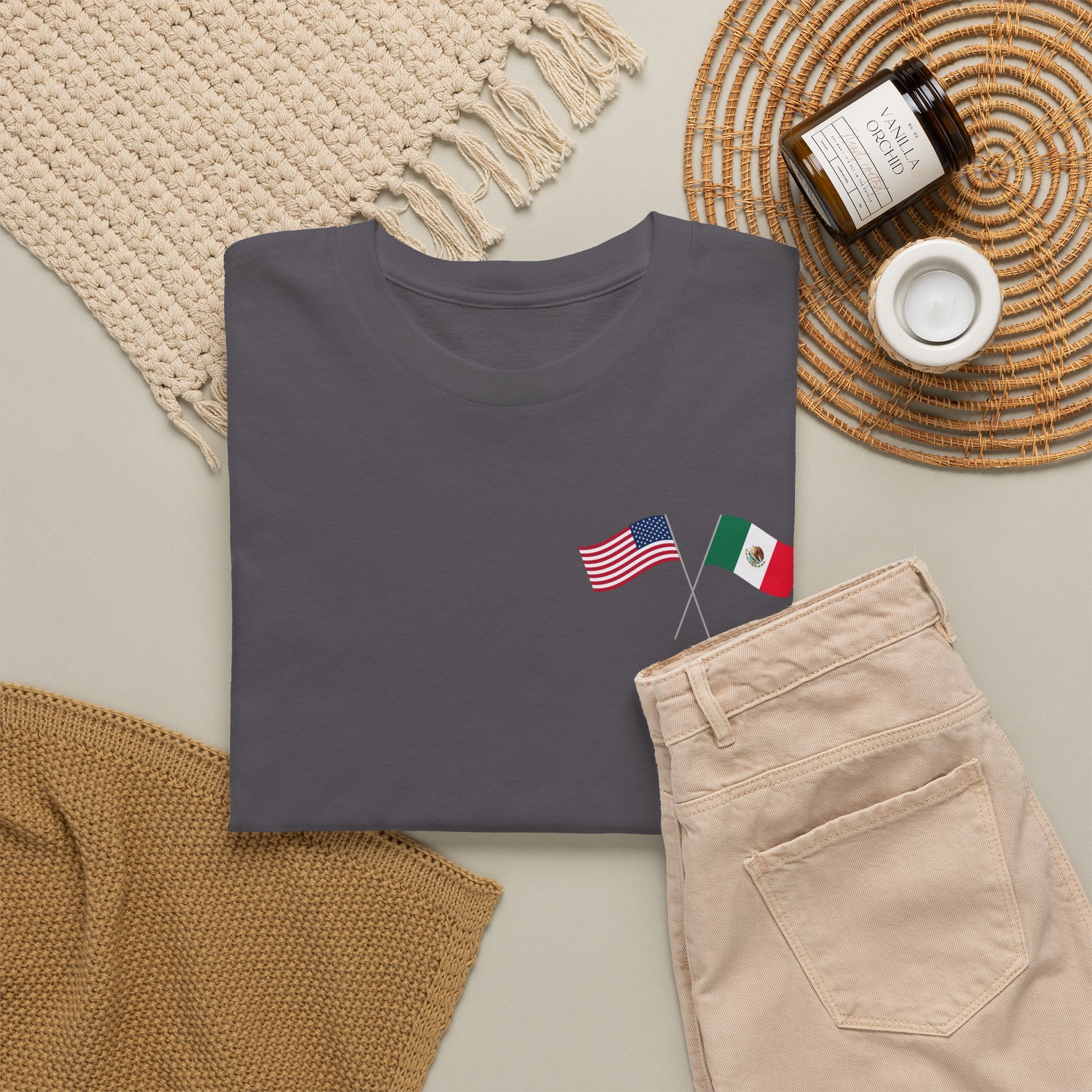 American & Italian Flag Tee with Vintage Rose Back — Patriotic Floral T-Shirt