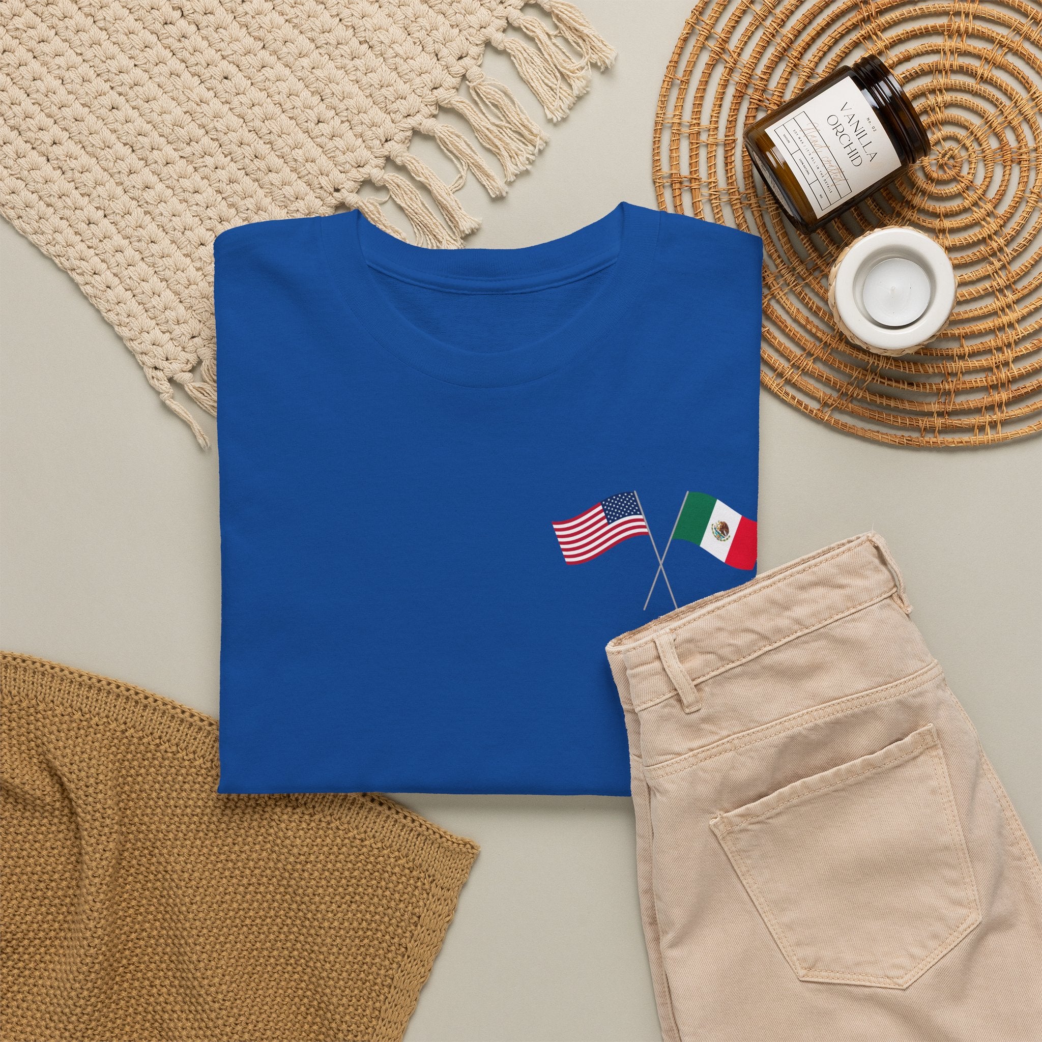 American & Italian Flag Tee with Vintage Rose Back — Patriotic Floral T-Shirt