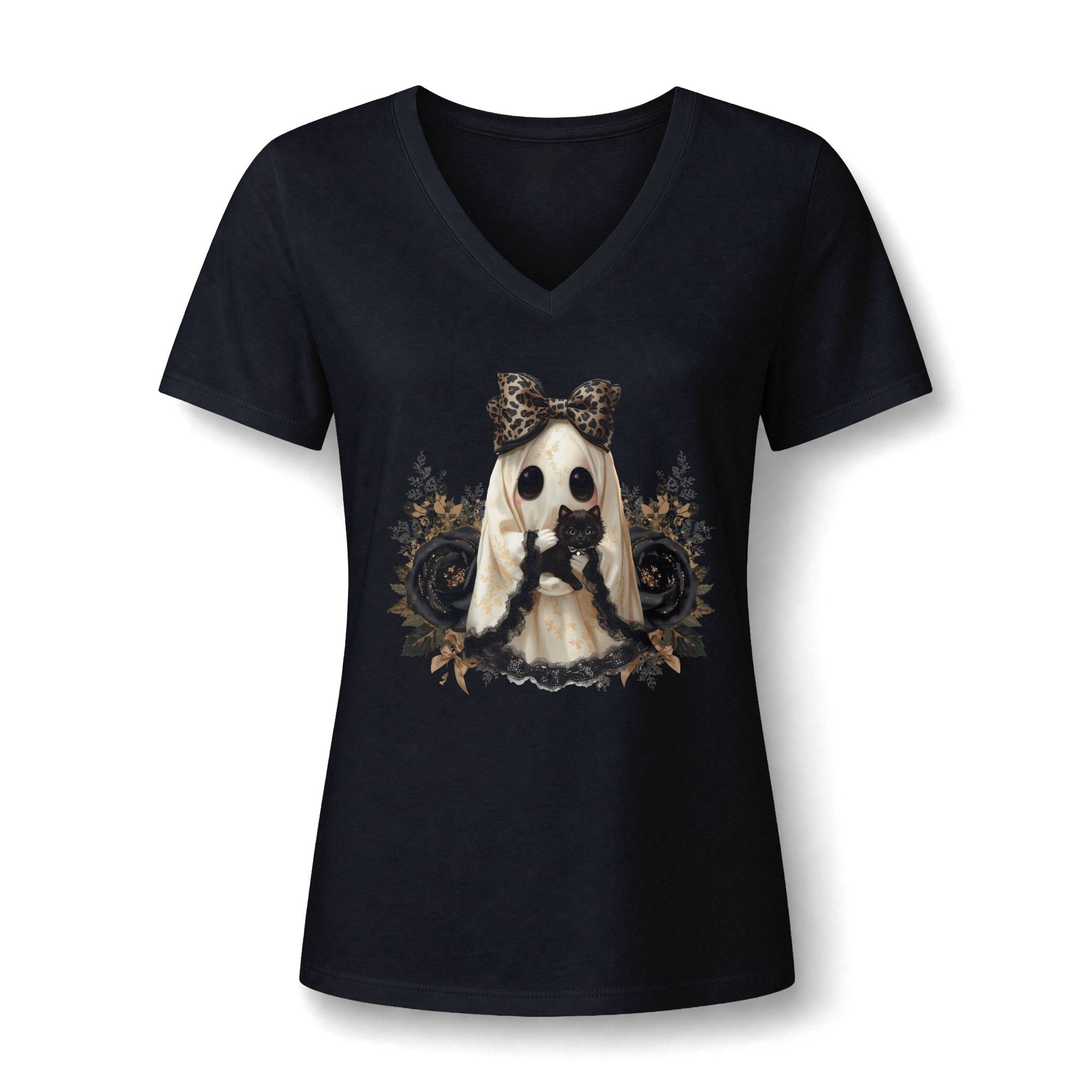 Women's V-Neck Tee — Gothic Doll with Leopard Bow Graphic