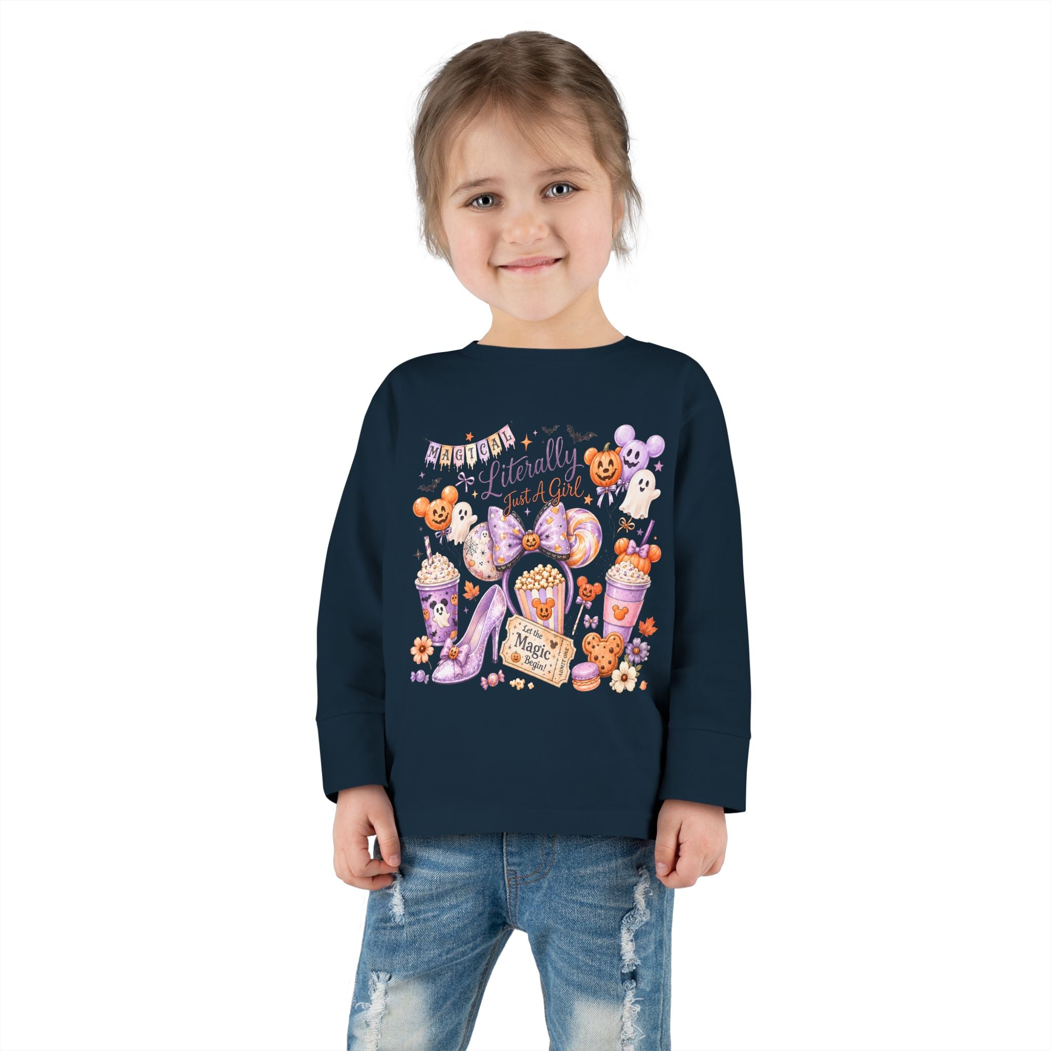Toddler Long Sleeve Tee — "Pumpkin Spice & Magic" Halloween Minnie Bow Graphic