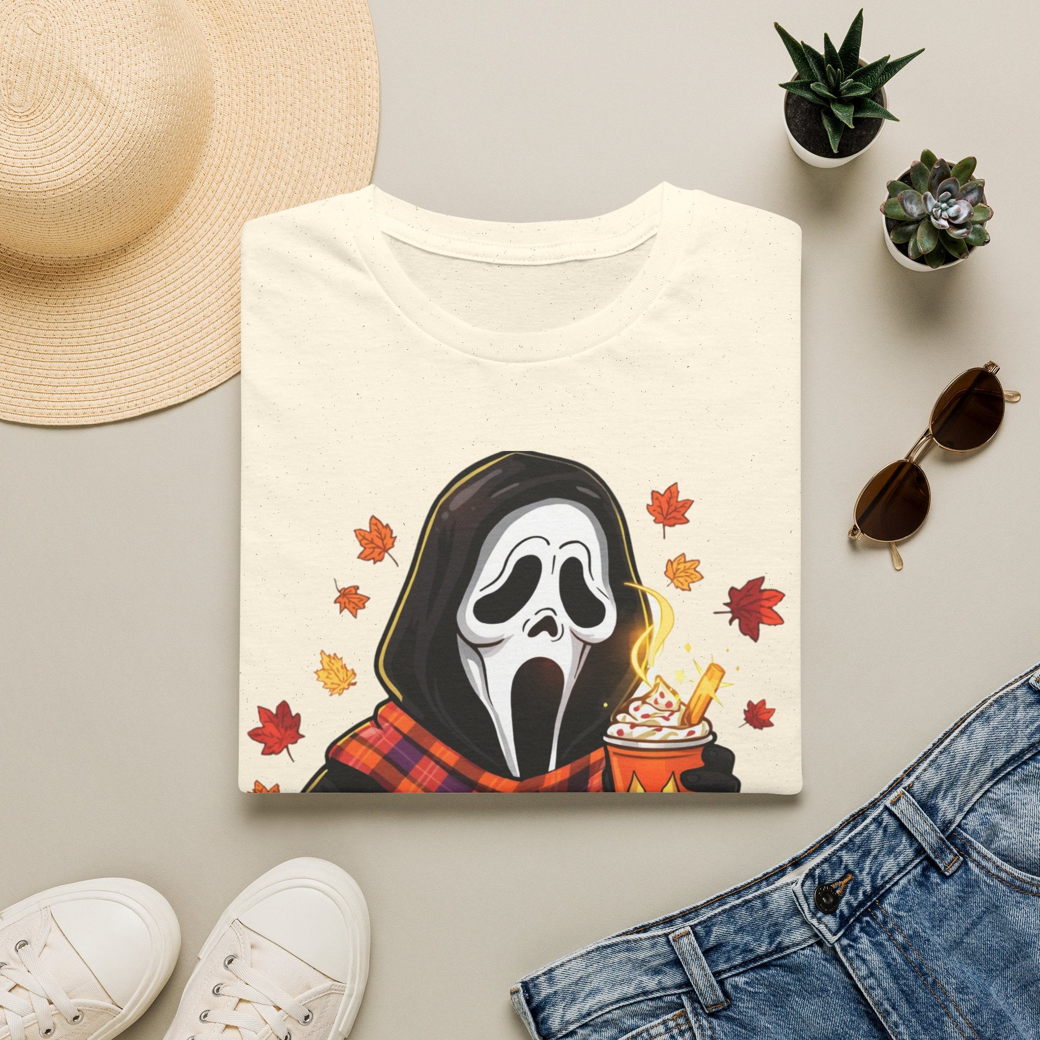 Halloween Scream Mask T‑Shirt — Cozy Fall Pumpkin & Hot Cocoa Graphic Tee