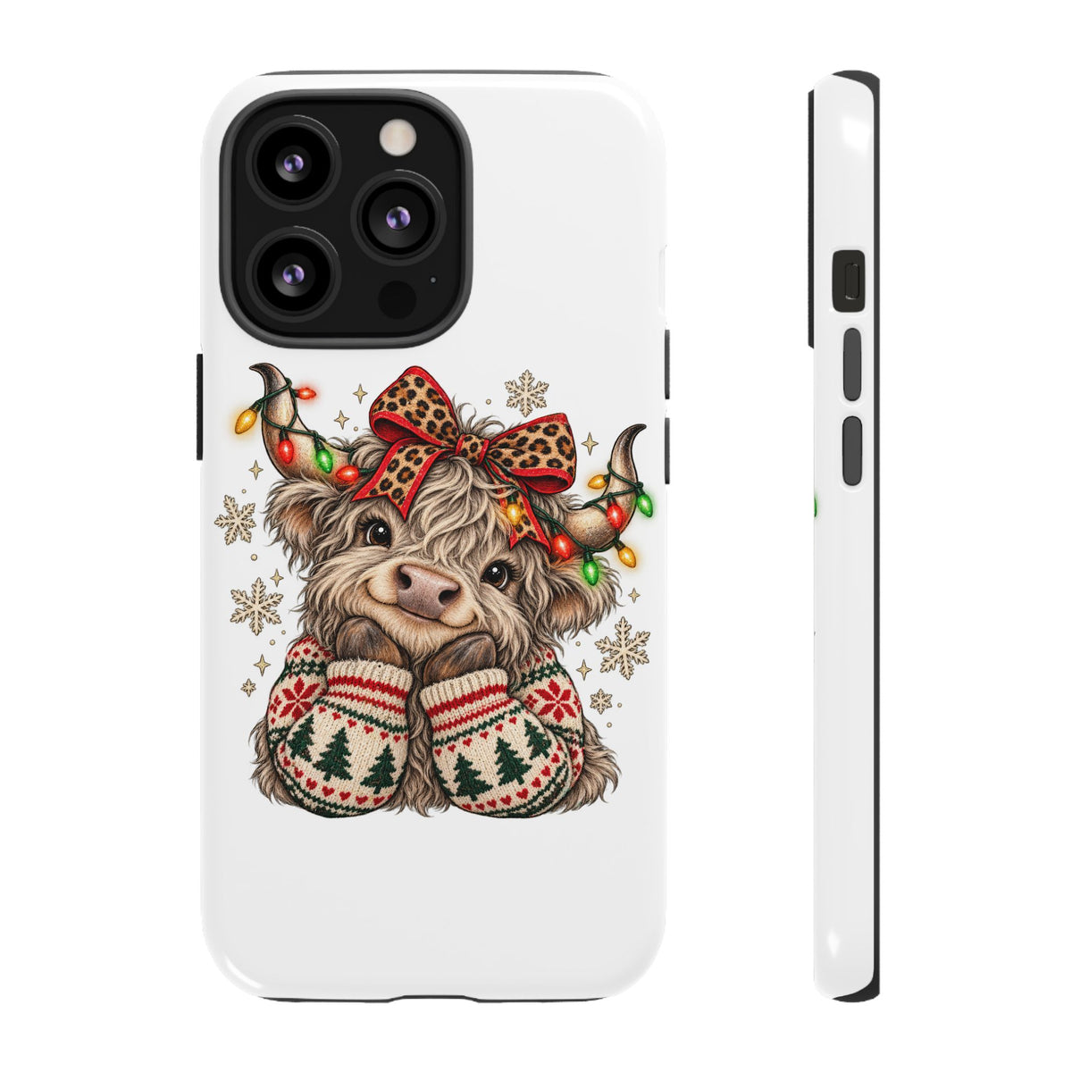 Holiday Highland Cow Phone Case – Festive Lights & Cozy Sweater Design
