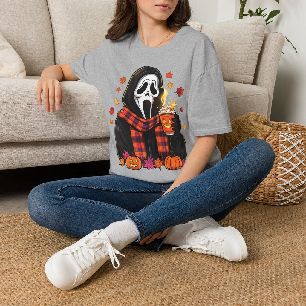 Halloween Scream Mask T‑Shirt — Cozy Fall Pumpkin & Hot Cocoa Graphic Tee