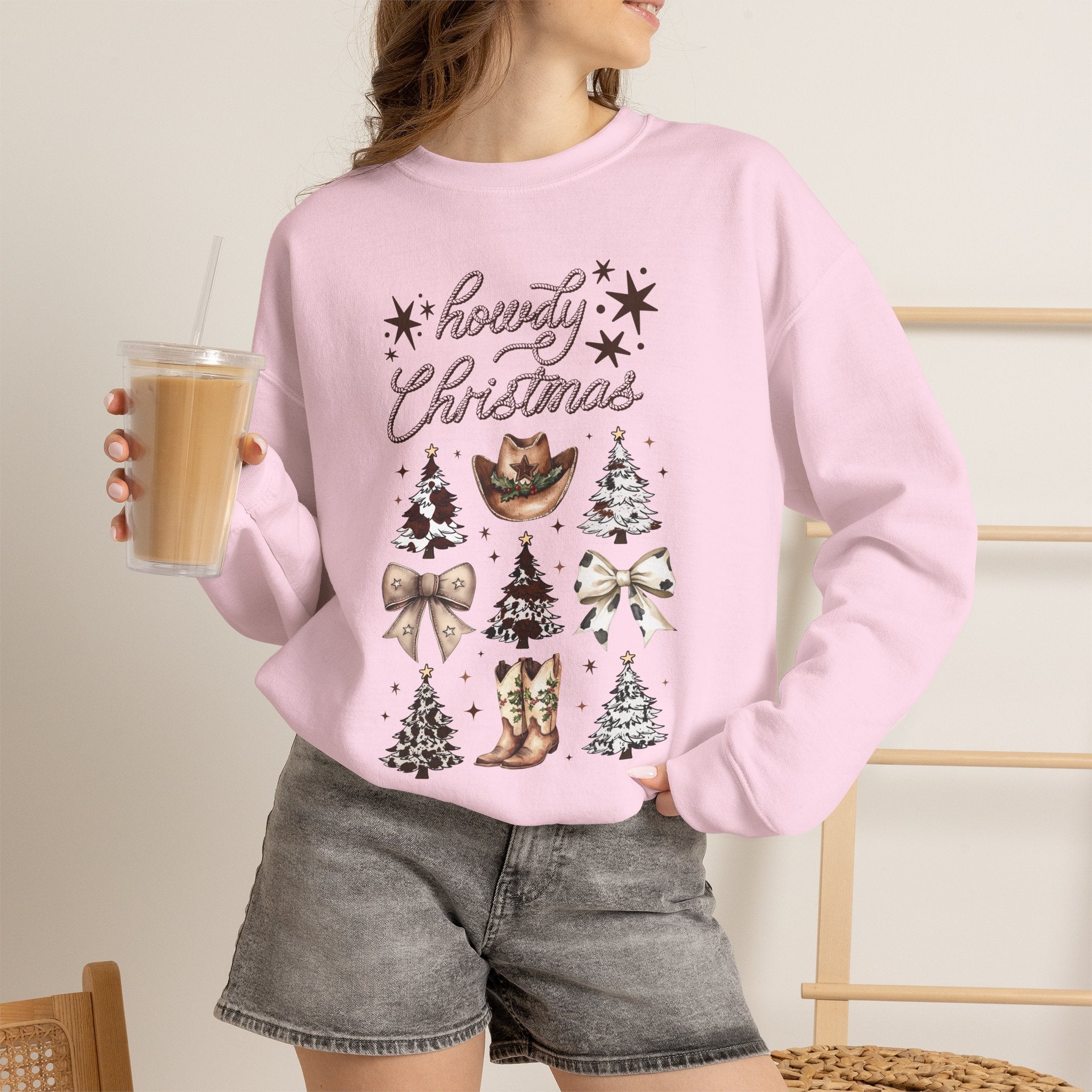 Howdy Christmas Sweatshirt — Western Cowboy Holiday Crewneck with Boots & Trees