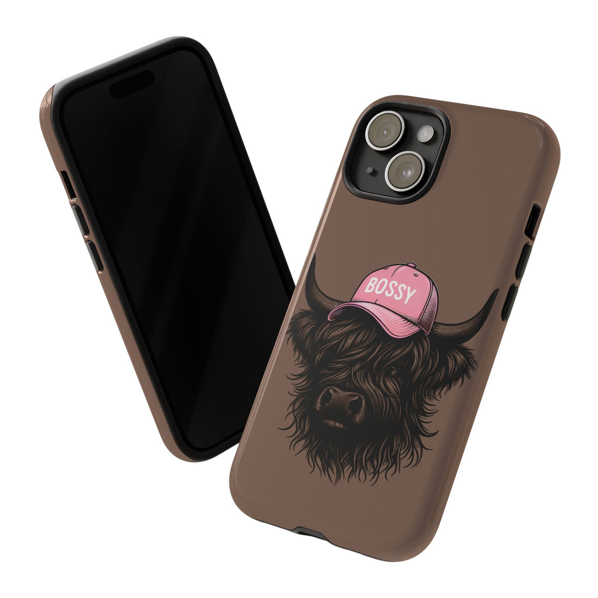 Phone Case — Highland Cow Wearing 'BOSSY' Pink Hat, Cute Farm Animal Protective Cover
