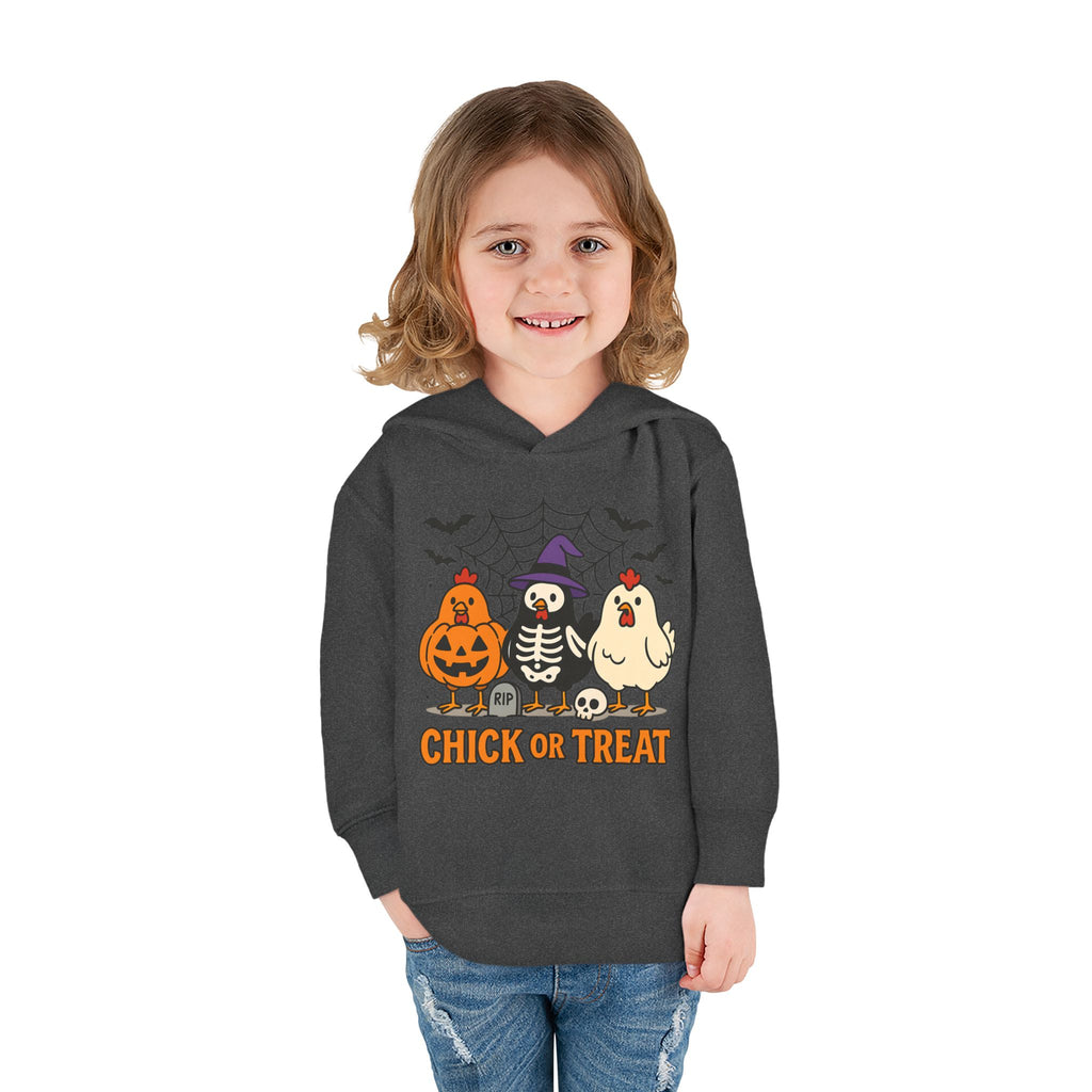 Toddler Halloween Pullover Hoodie – "Chick or Treat" Pumpkin Skeleton Chicken Kids Fleece