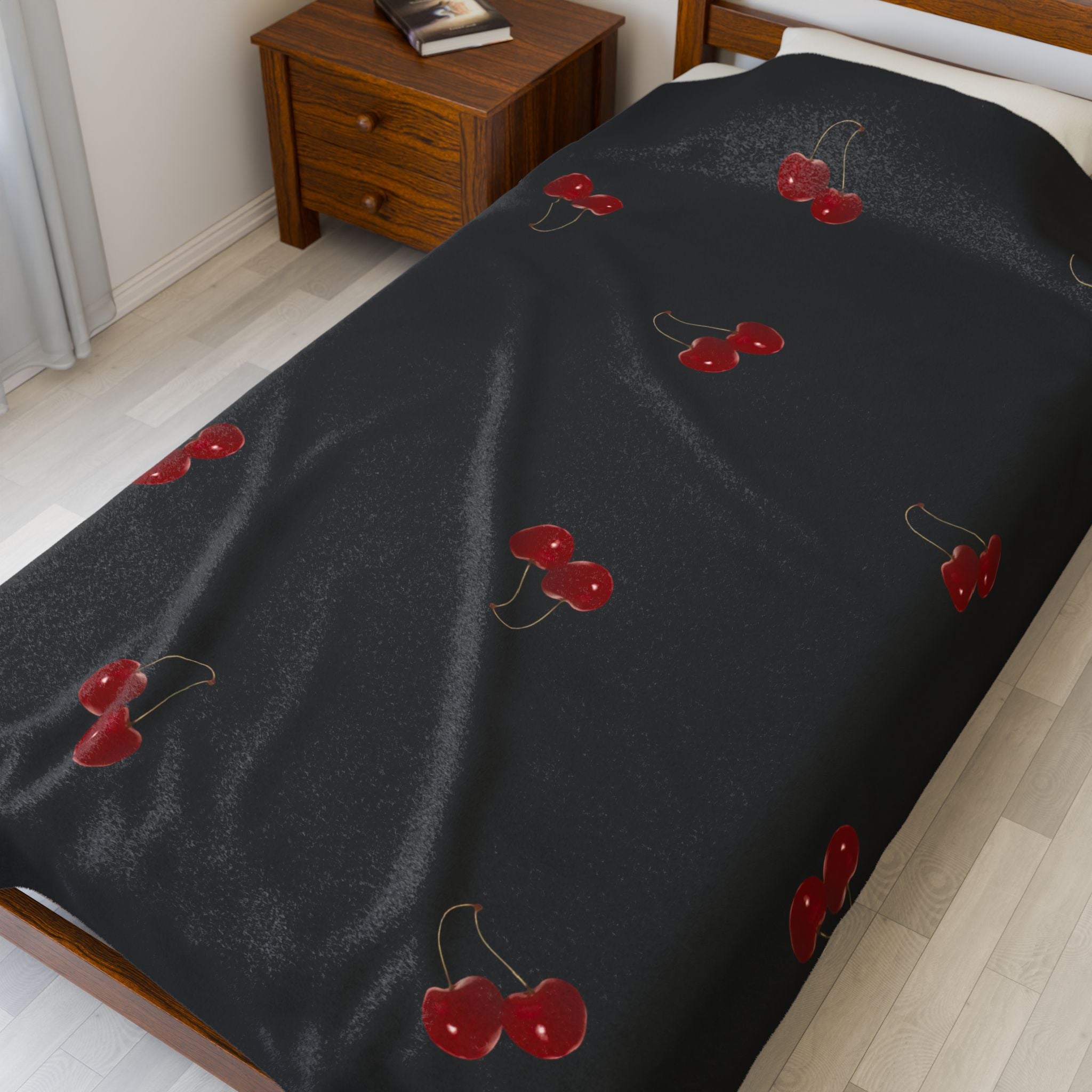 Red Cherry Pattern Velveteen Plush Blanket | Black Background, Cute Fruit Print