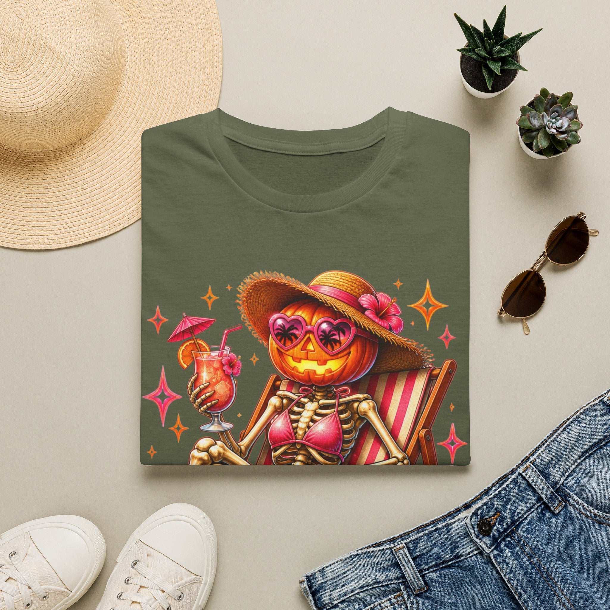 Summerween Vibes T-Shirt — Pumpkin Skeleton Beach Tee