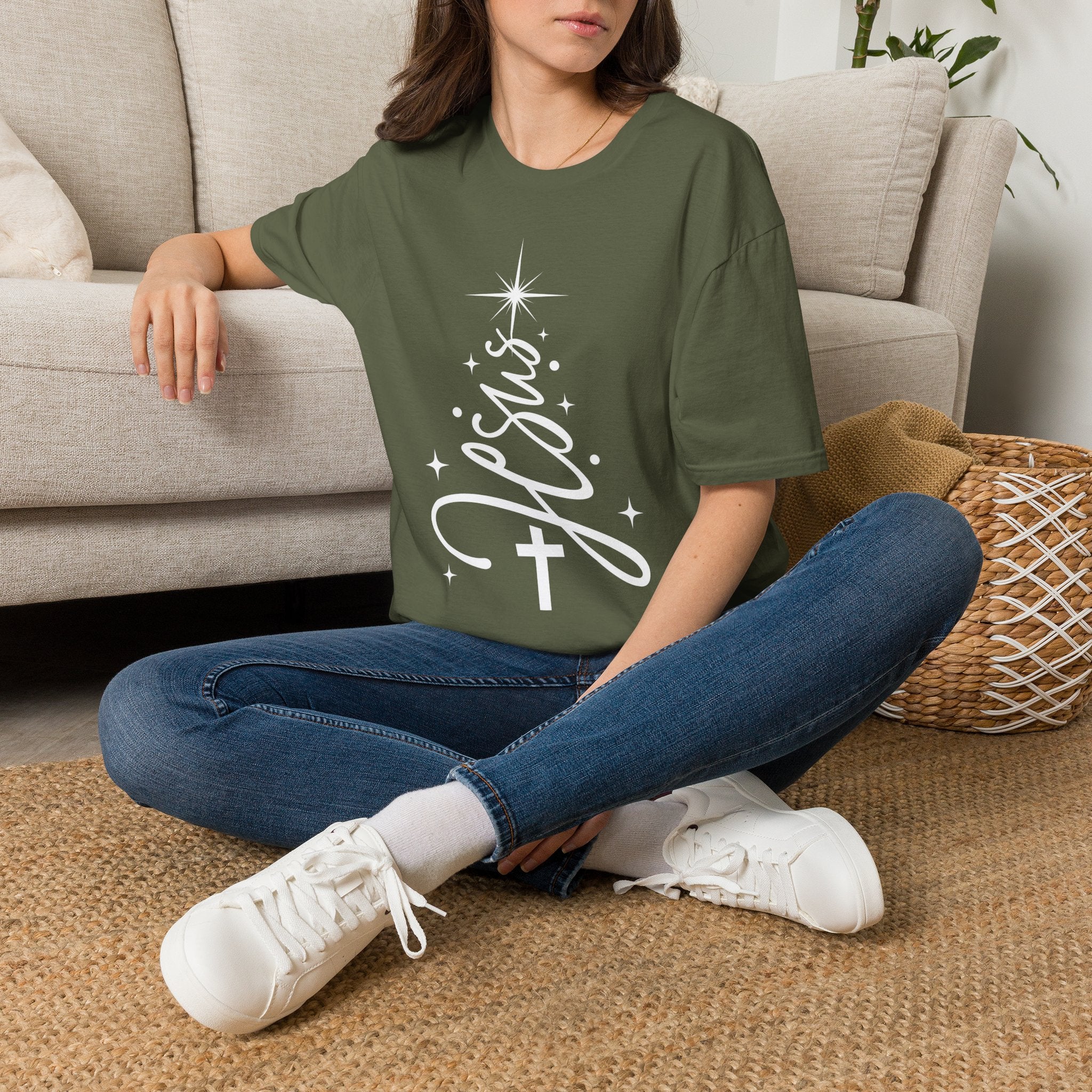 Jesus Christmas T-Shirt — Script Cross & Star Holiday Tee