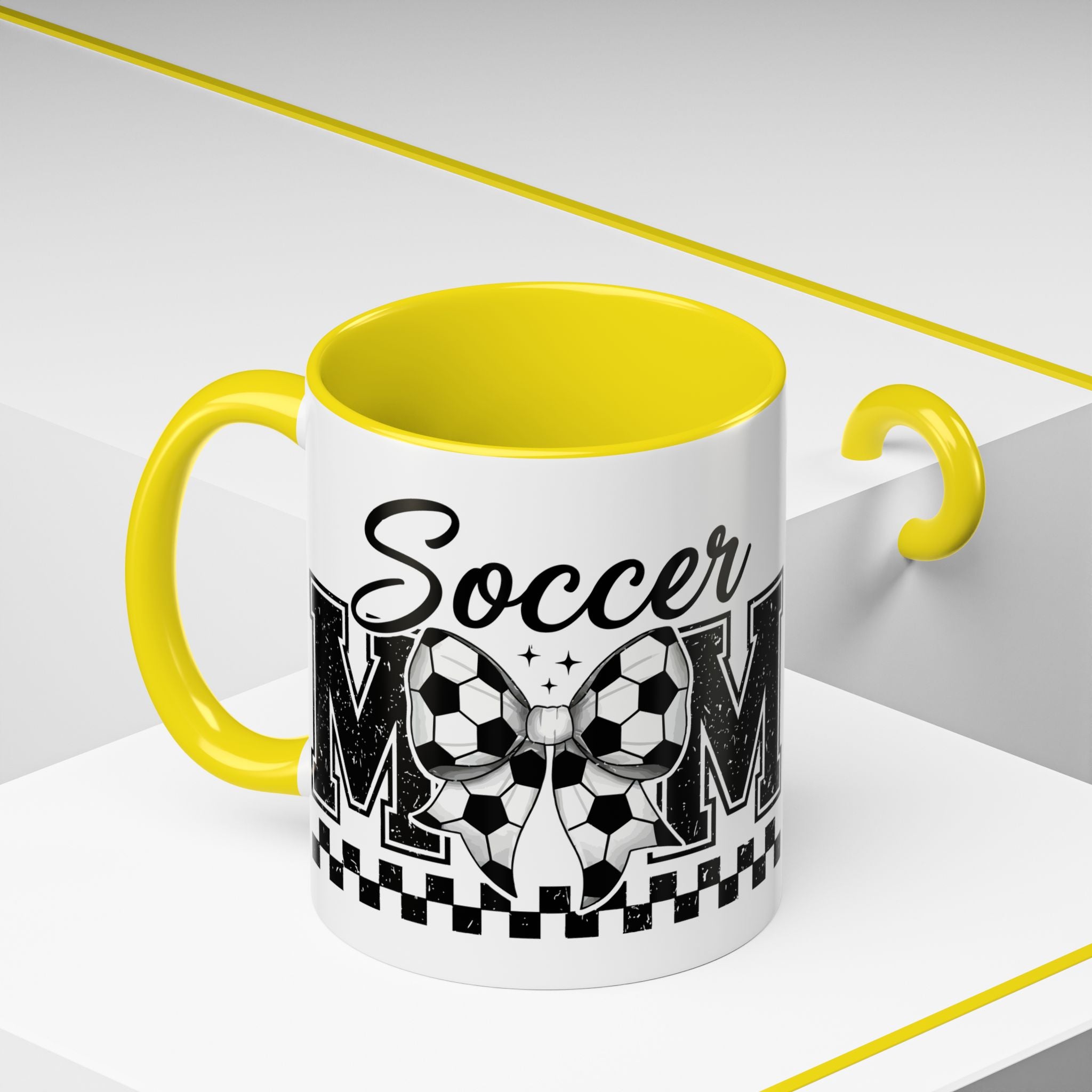 Soccer Mom Accent Coffee Mug — Black Interior & Handle, Soccer Ball Graphic