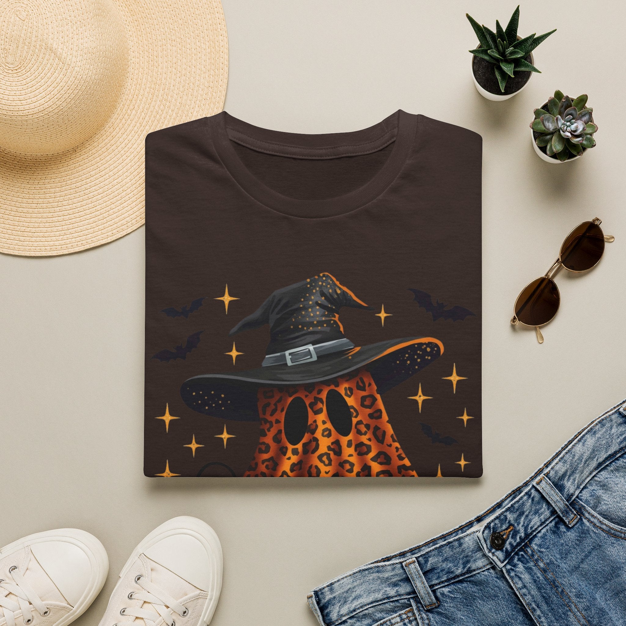 Halloween Leopard Ghost T-Shirt — Witch Hat & Bats Graphic