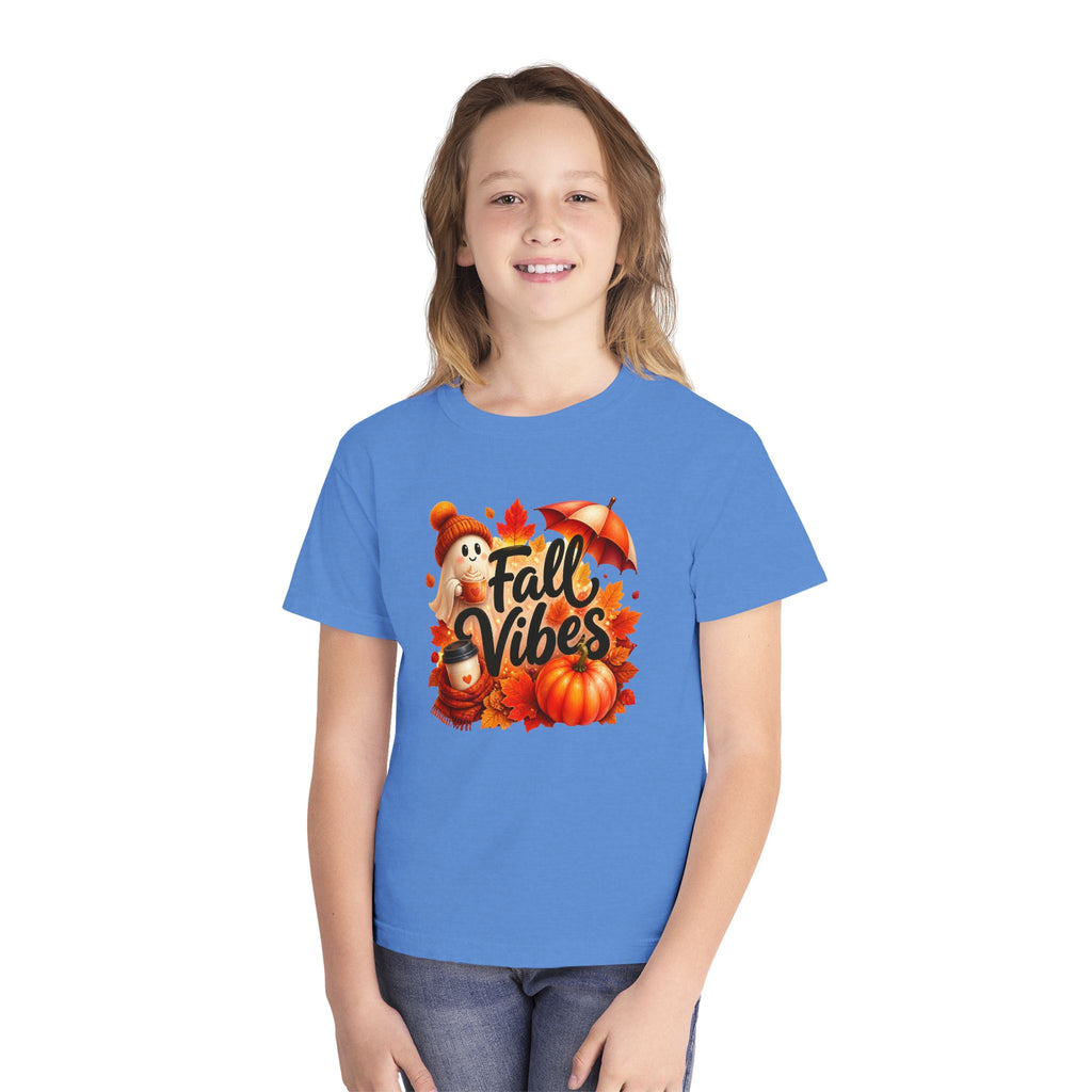 Fall Vibes Youth Tee — Cute Pumpkin, Leaves & Scarecrow Autumn Shirt