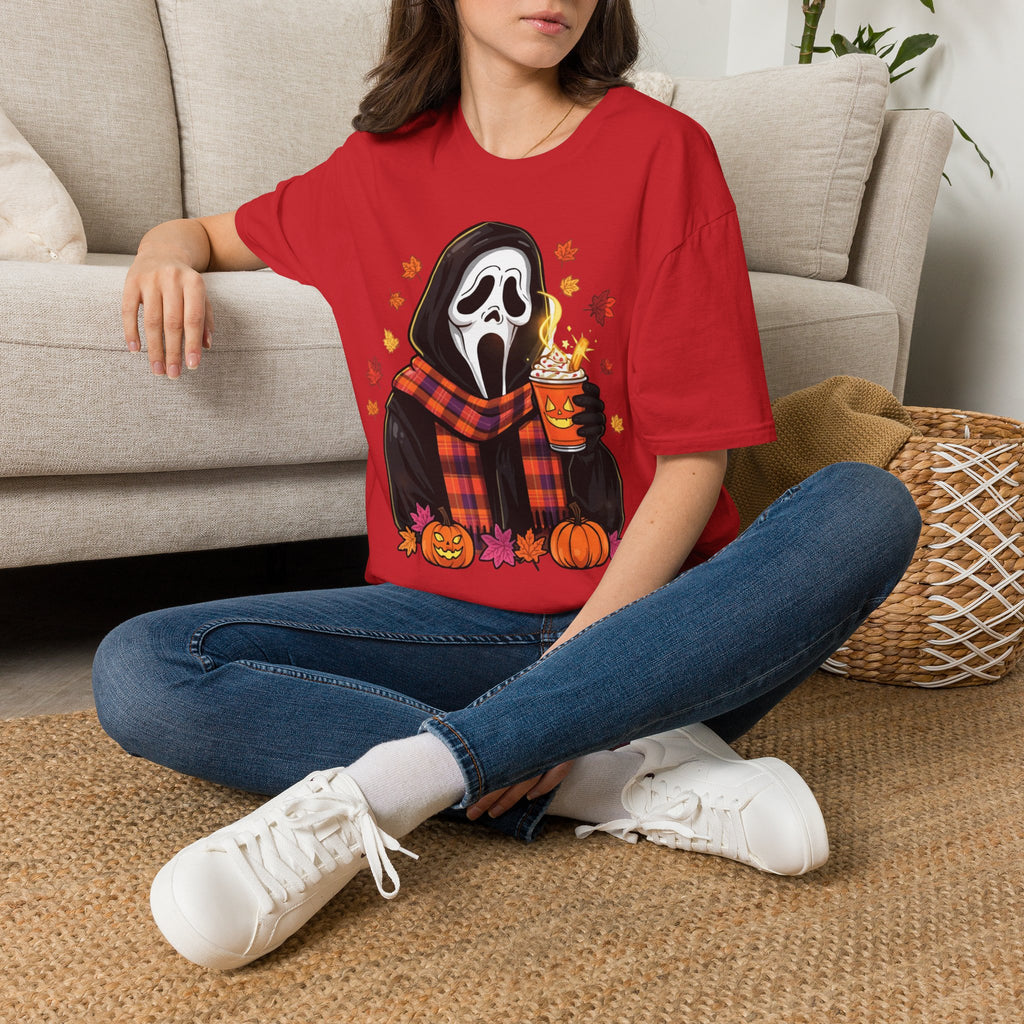 Halloween Scream Mask T‑Shirt — Cozy Fall Pumpkin & Hot Cocoa Graphic Tee
