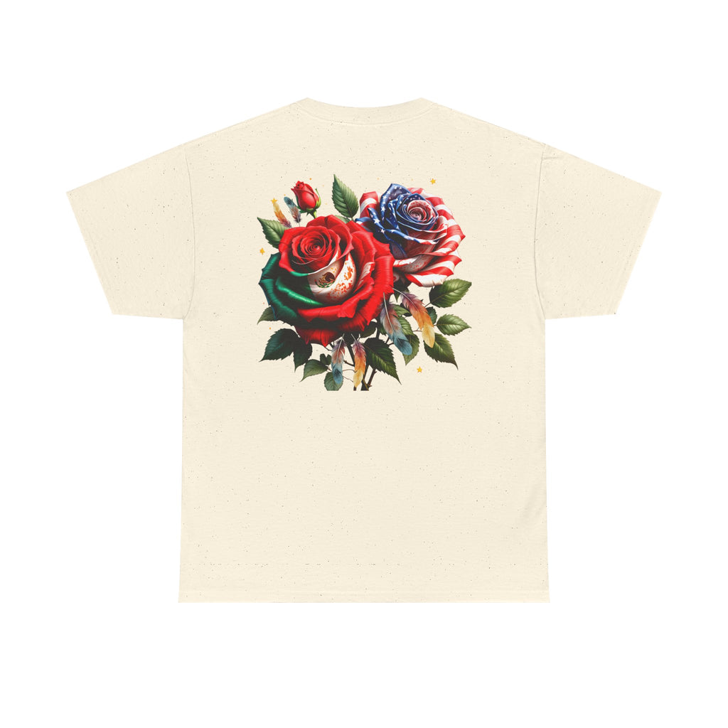 American & Italian Flag Tee with Vintage Rose Back — Patriotic Floral T-Shirt