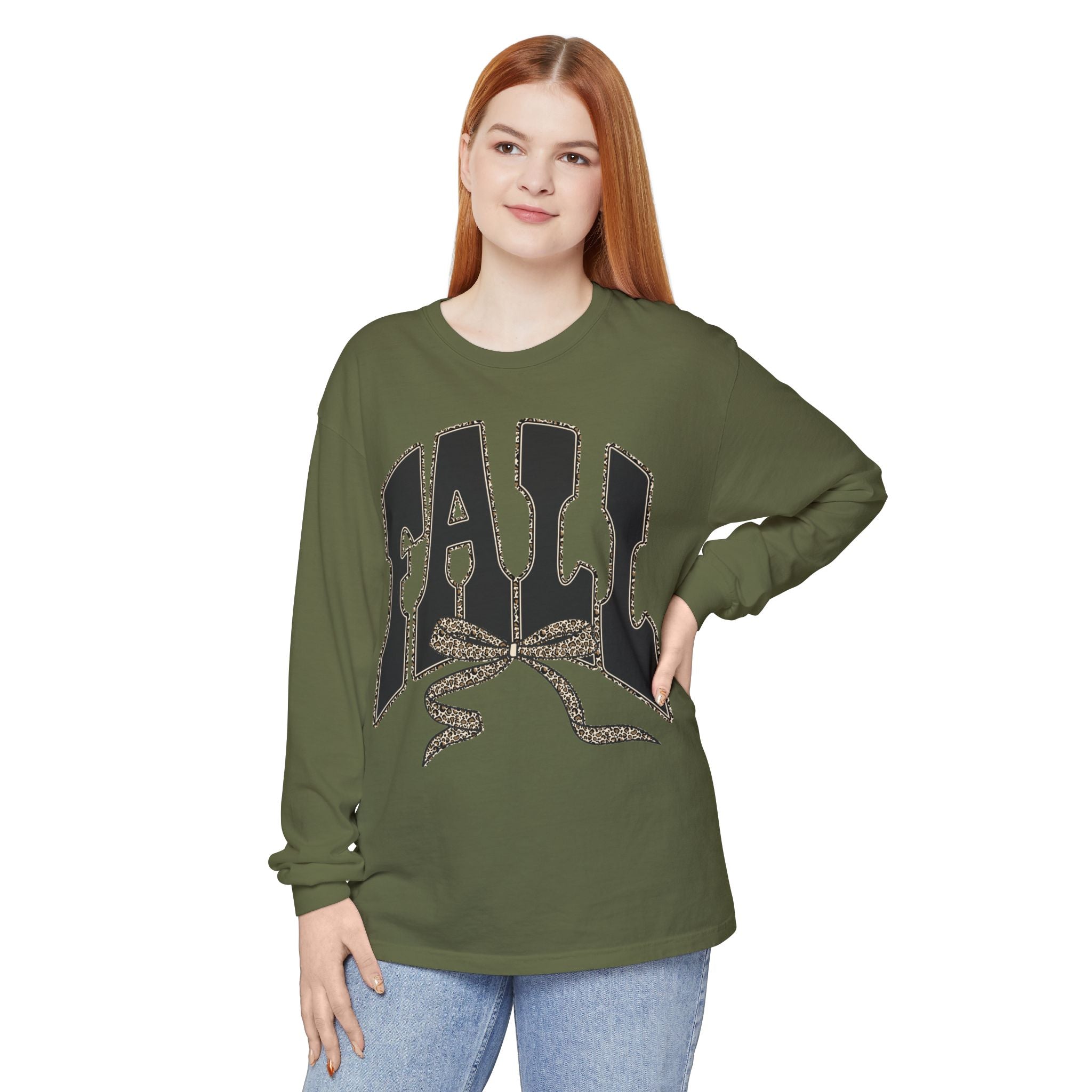 Fall Bow Long Sleeve Tee — 'FALL' Graphic Garment-Dyed Shirt