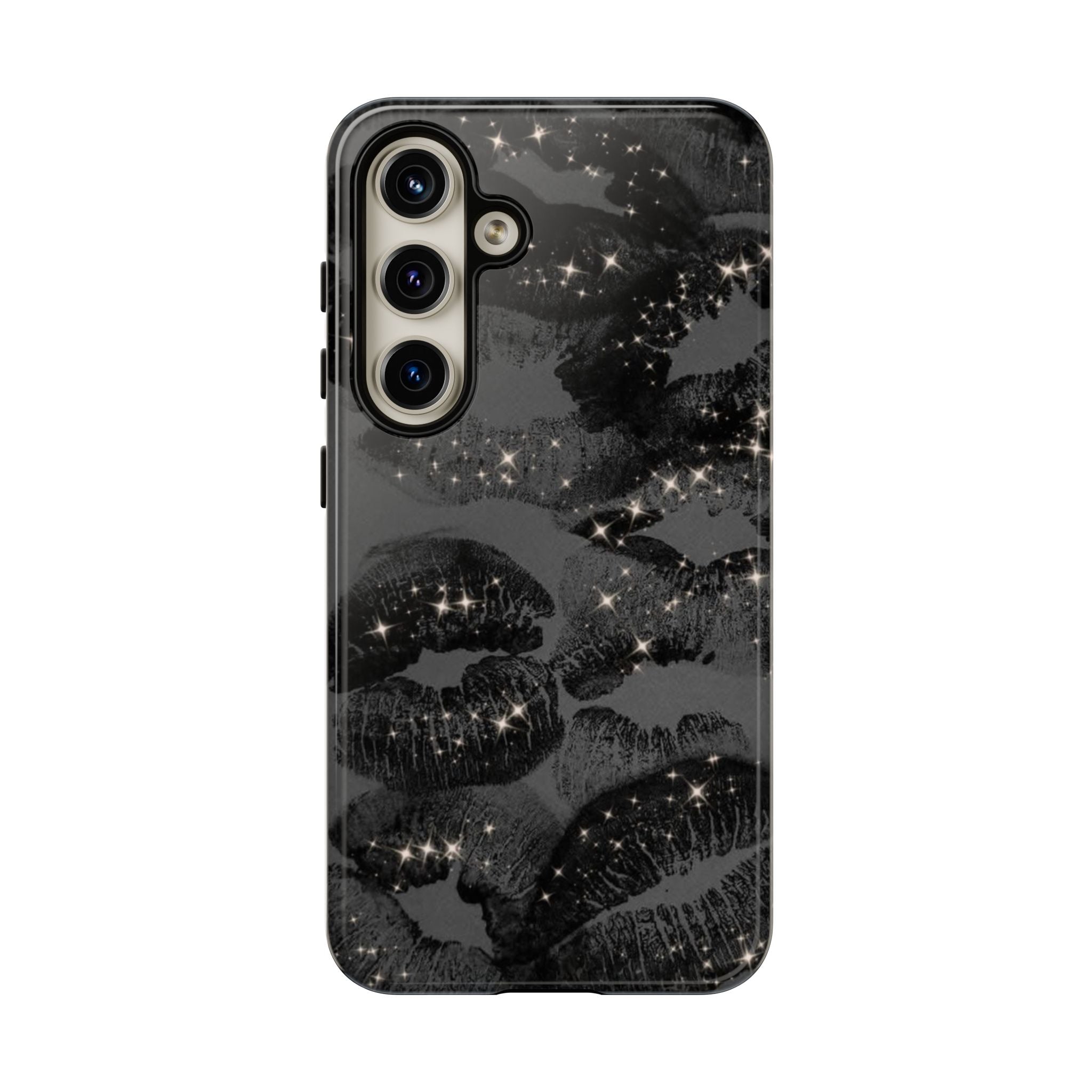 Black Glitter Kiss Phone Case — Sparkling Lip Print Protective Cover