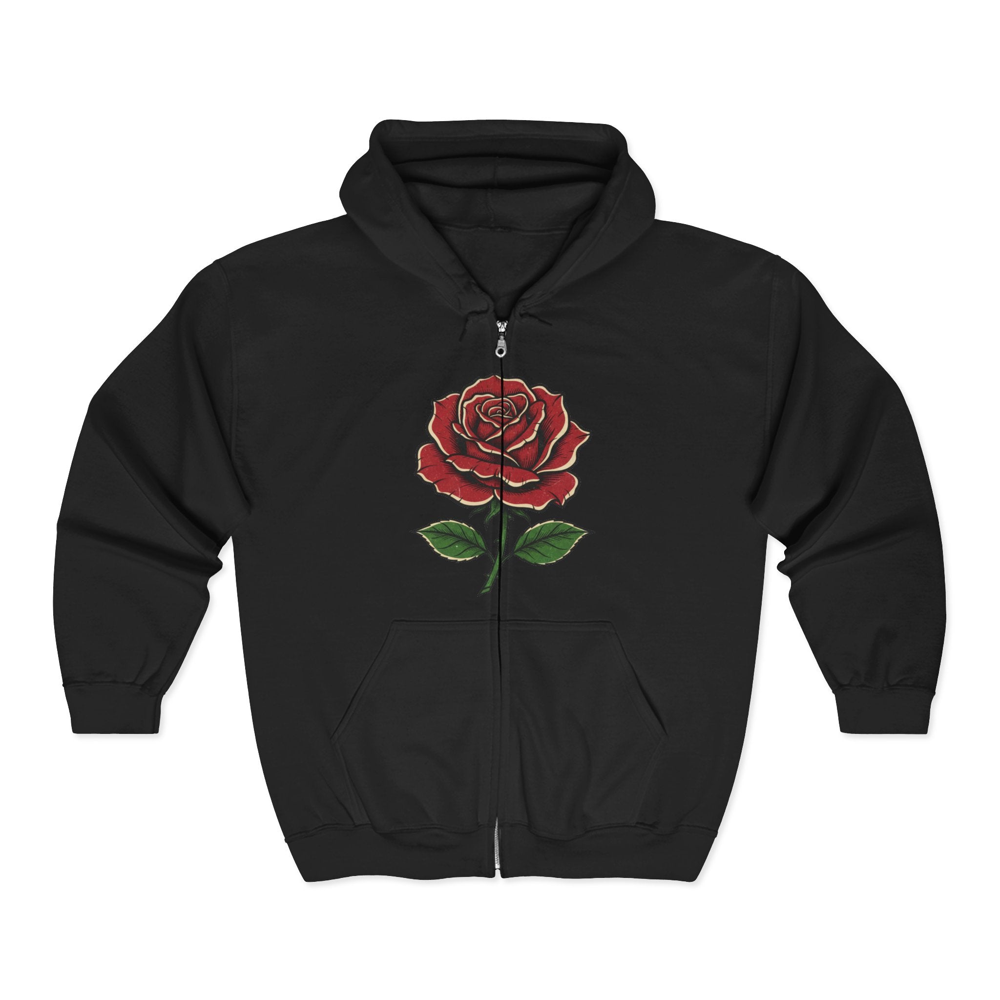 Red Rose Zip Hoodie — Vintage Floral Full-Zip Sweatshirt