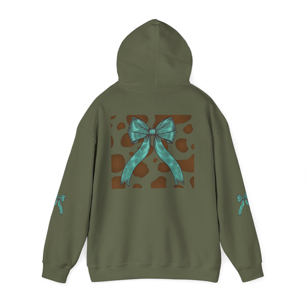 Mama Leopard Letters teal bow Hoodie | Cow print back panel, sleeve bows
