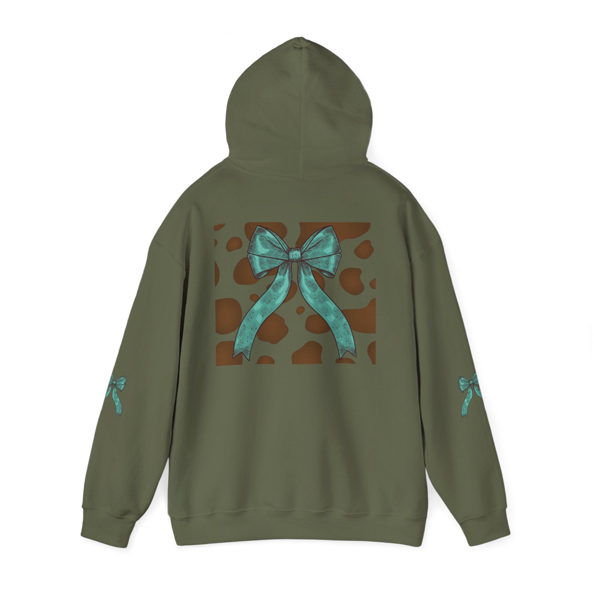 Mama Leopard Letters teal bow Hoodie | Cow print back panel, sleeve bows