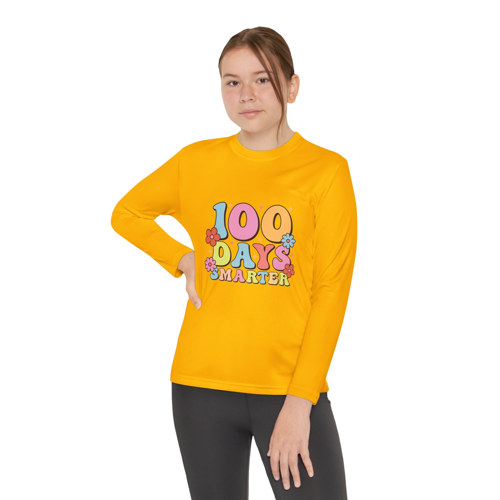 100 Days Smarter Youth Long Sleeve Tee — Retro Floral School Celebration Shirt
