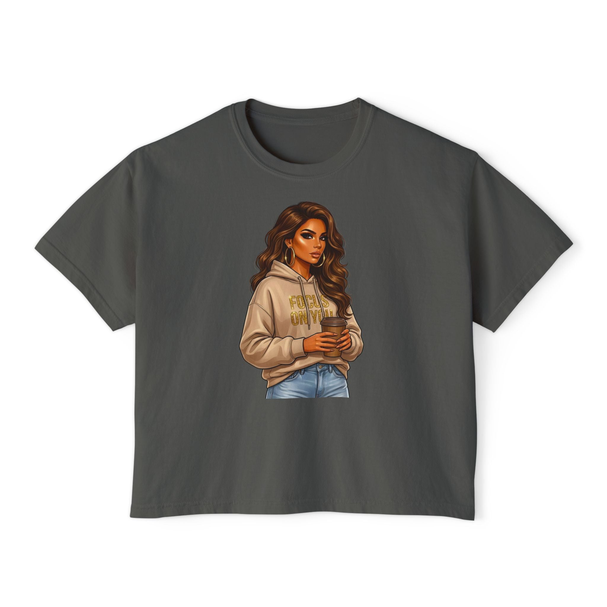 Women's Boxy Tee — Cozy Coffee Girl Graphic Crop T-Shirt