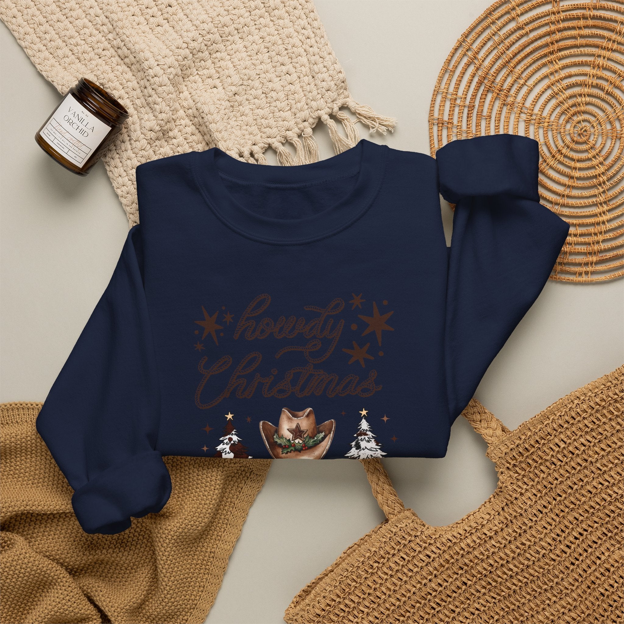 Howdy Christmas Sweatshirt — Western Cowboy Holiday Crewneck with Boots & Trees