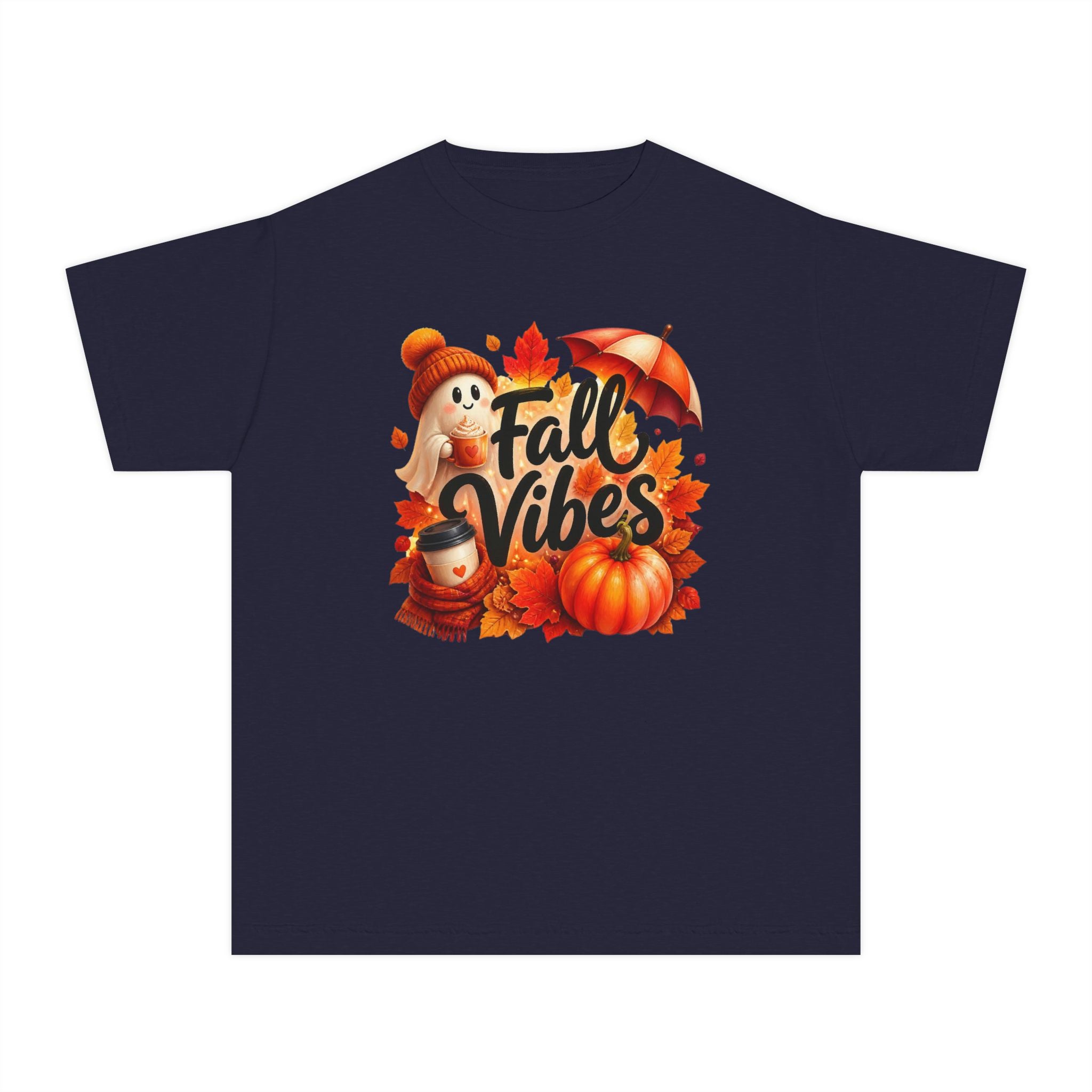 Fall Vibes Youth Tee — Cute Pumpkin, Leaves & Scarecrow Autumn Shirt