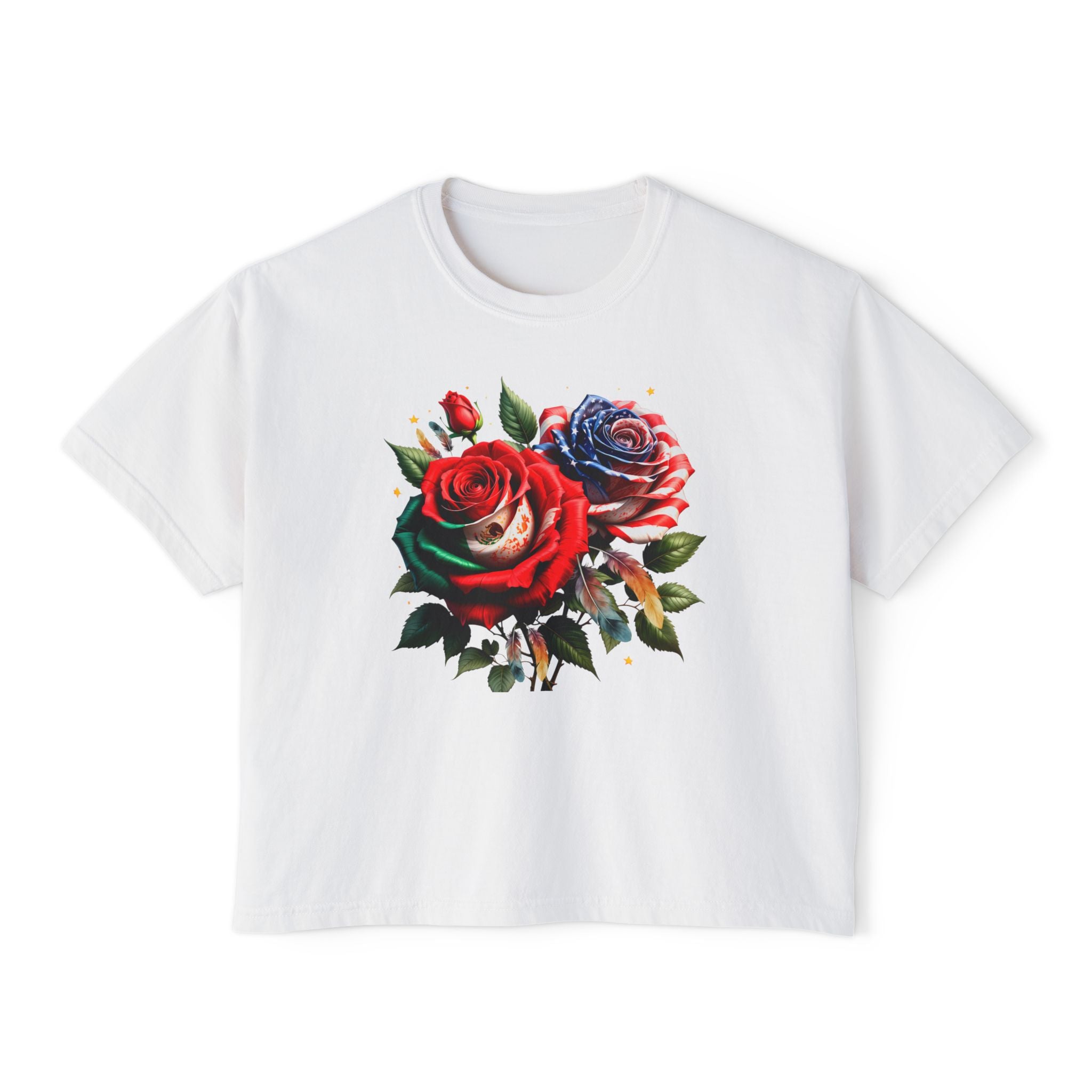 Women’s Boxy Tee — Vintage Red & Blue Rose Floral Graphic