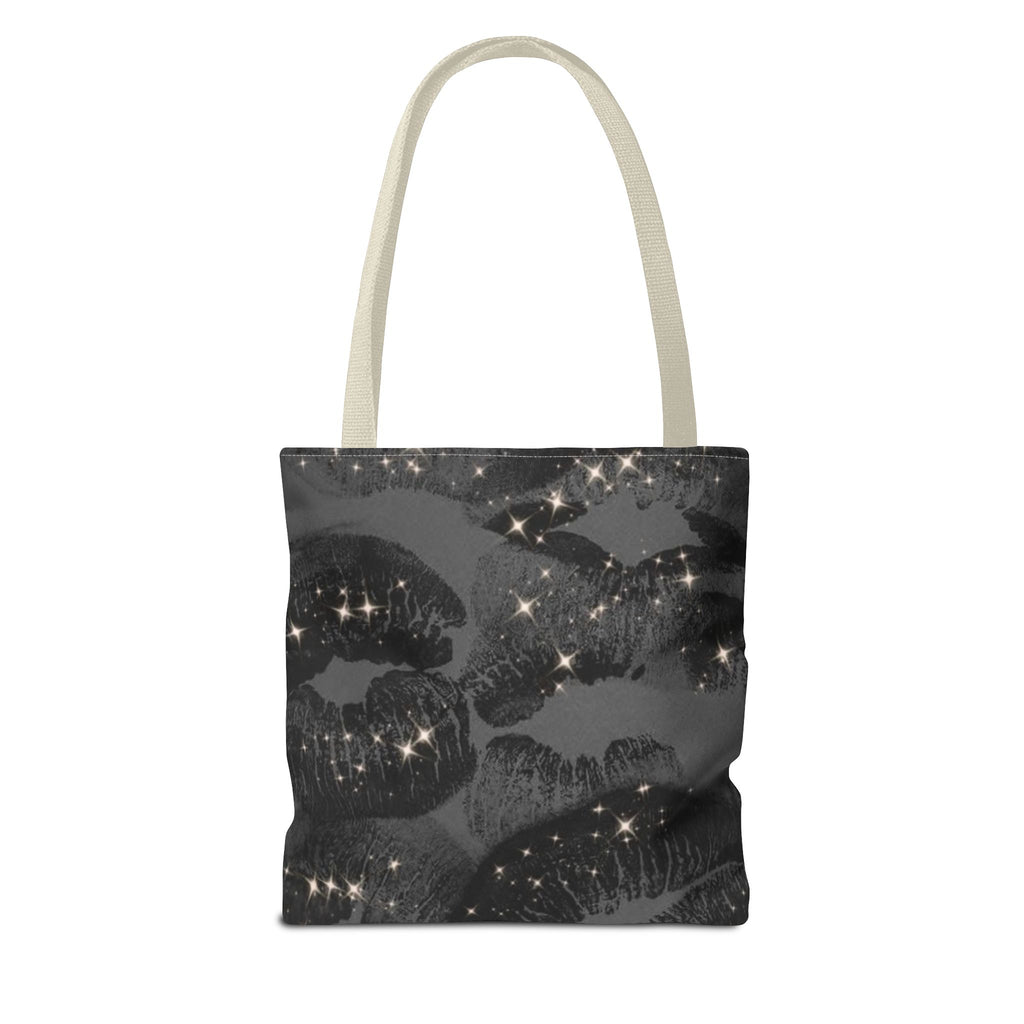 Glitter Kiss Print Tote Bag | Black Lipstick Pattern, Sparkle All-Over