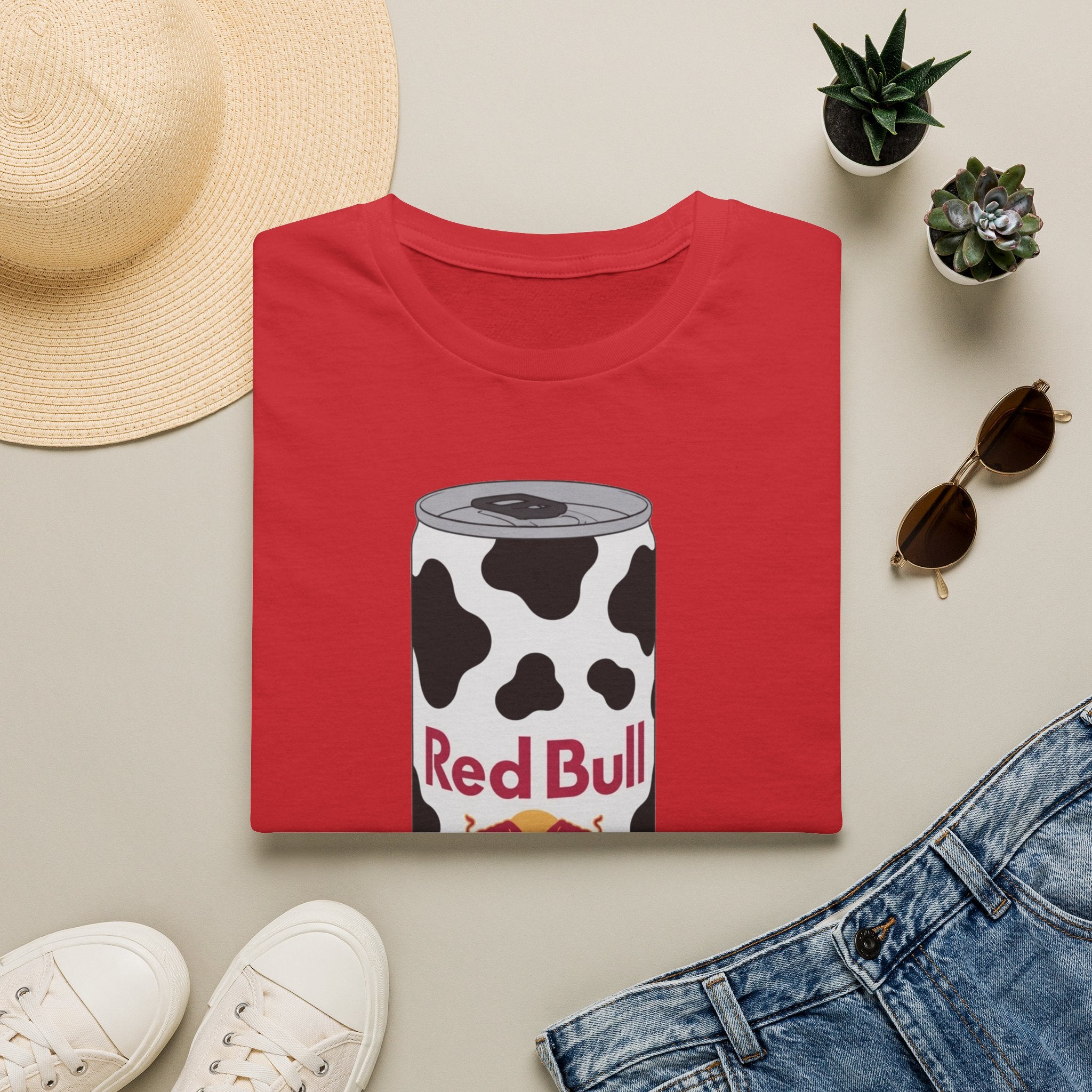 Red Bull Cow Print T-Shirt — Funny Energy Drink Graphic Tee