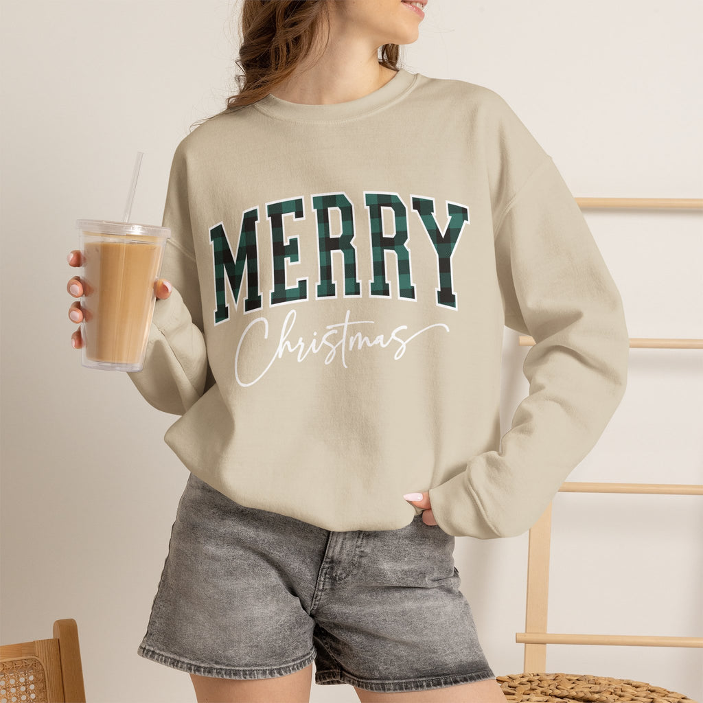 Merry Christmas Crewneck Sweatshirt – Plaid Holiday Graphic Crew
