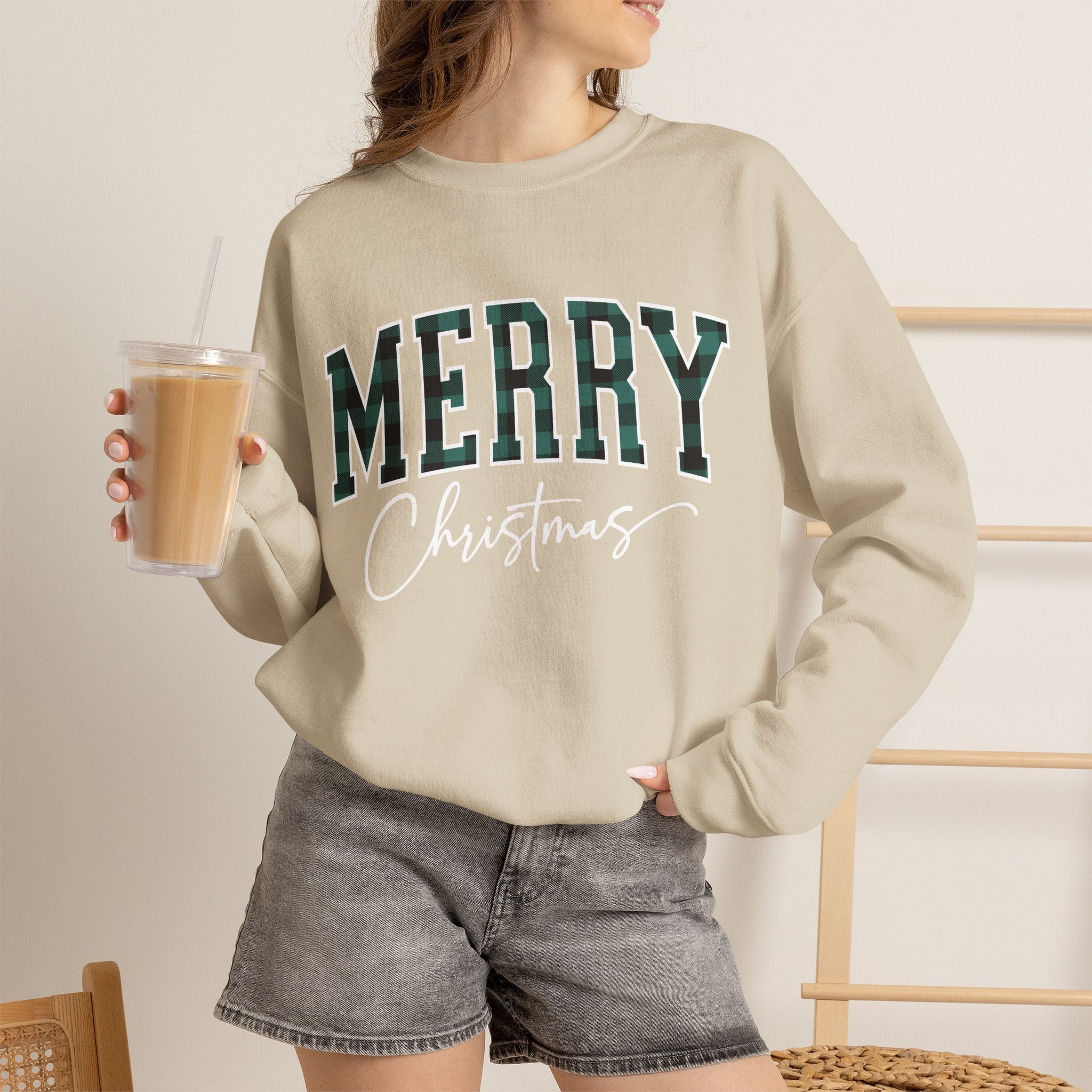 Merry Christmas Crewneck Sweatshirt – Plaid Holiday Graphic Crew
