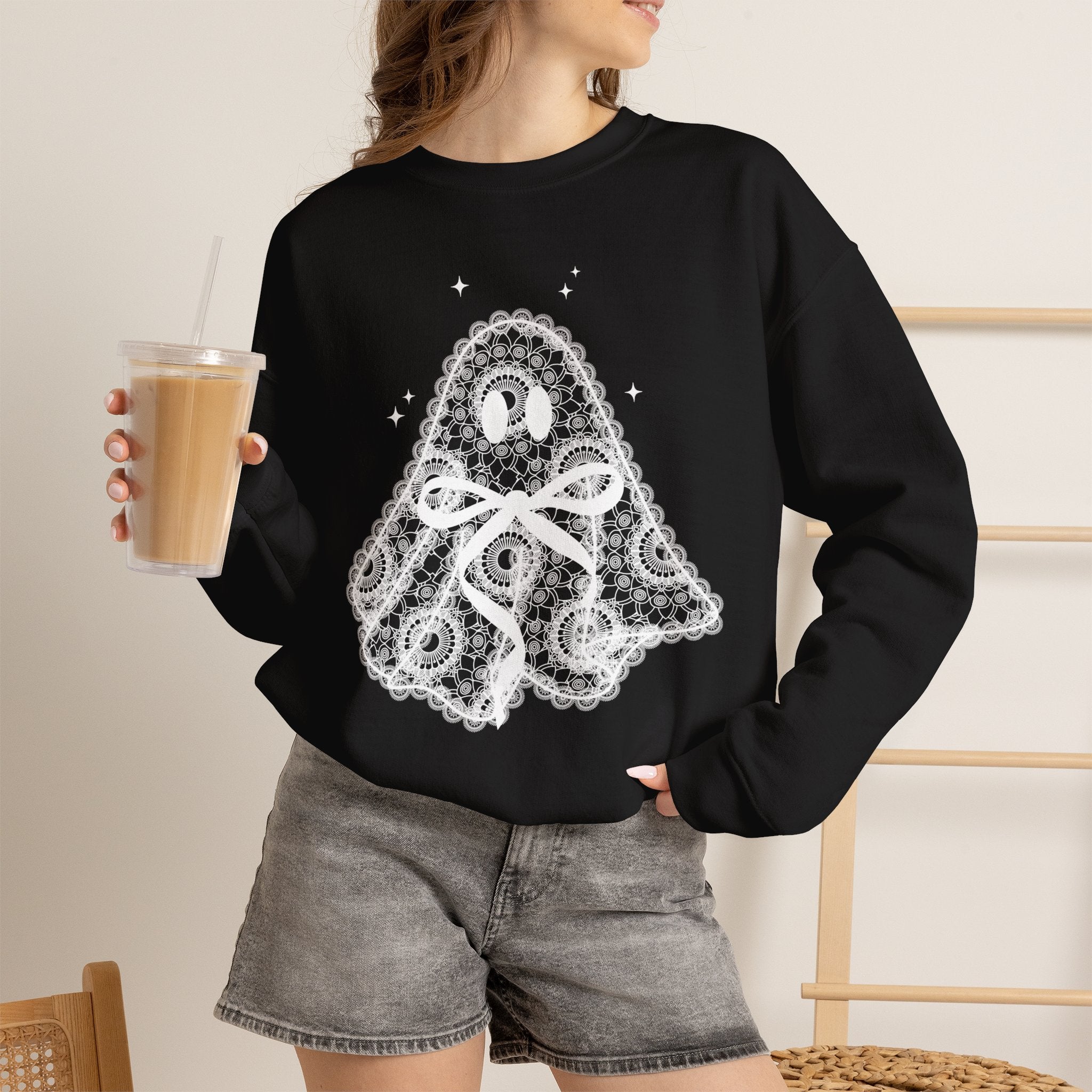 Crewneck Sweatshirt — Lace Ghost Illustration Cozy Halloween Pullover