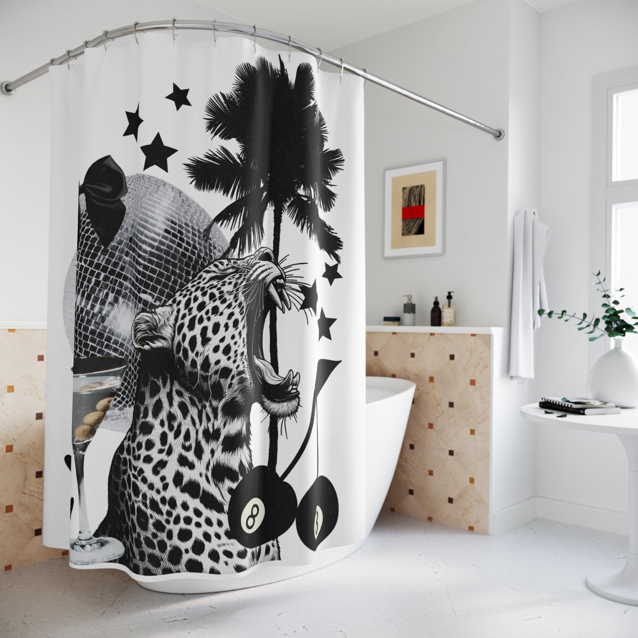 Disco Jungle Shower Curtain — Retro Leopard, Palm Trees & Martini Bathroom Decor